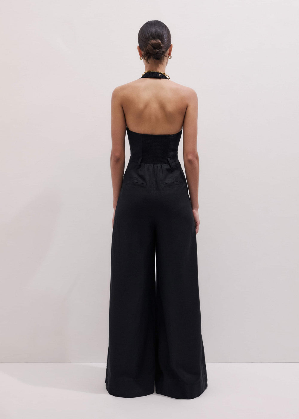 Black Crease-Less Linen Halterneck Wide Jumpsuit
