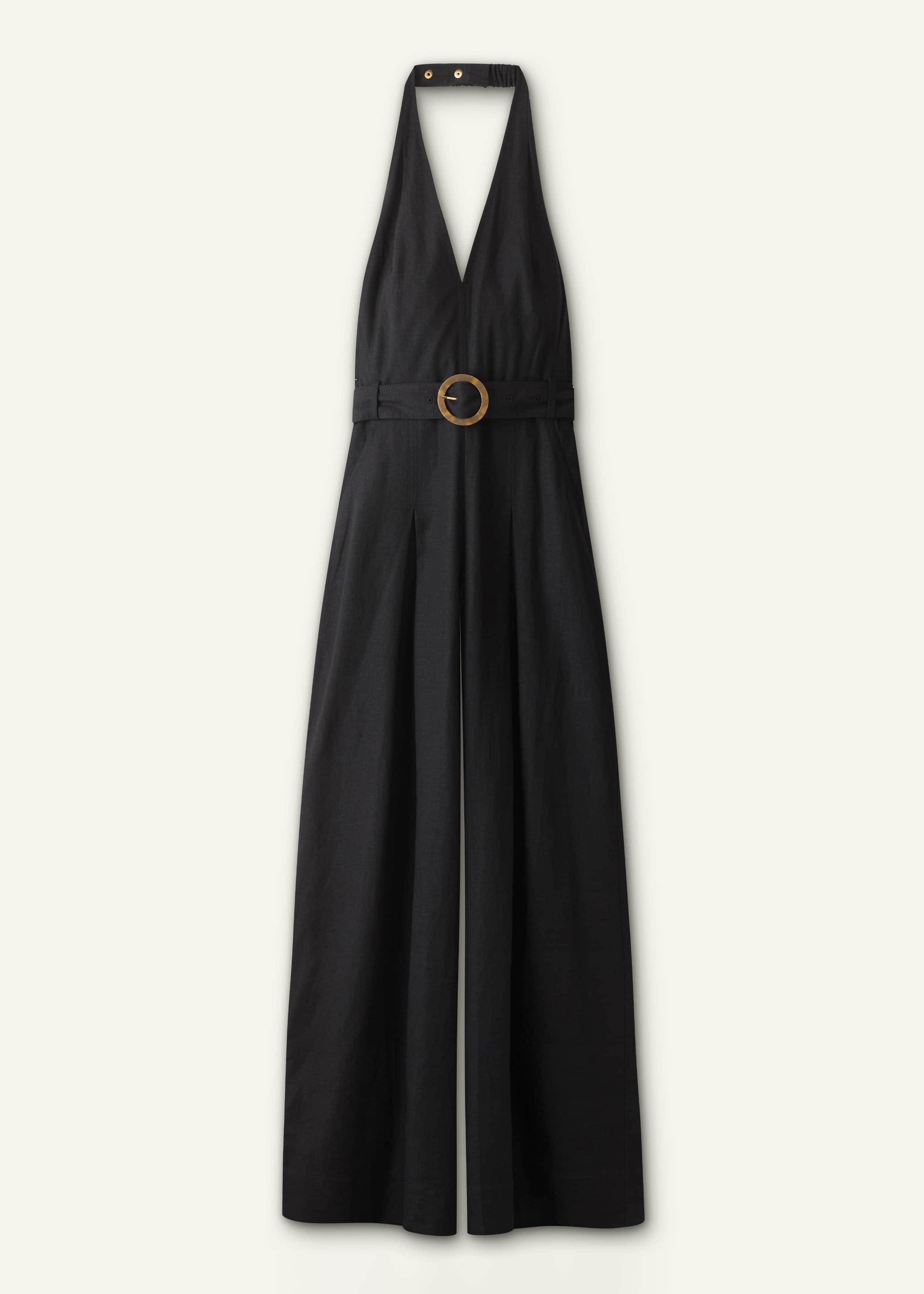 Black Crease-Less Linen Halterneck Wide Jumpsuit