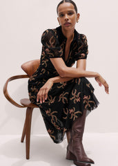 Black Autumn Floral Embroidery Maxi Dress