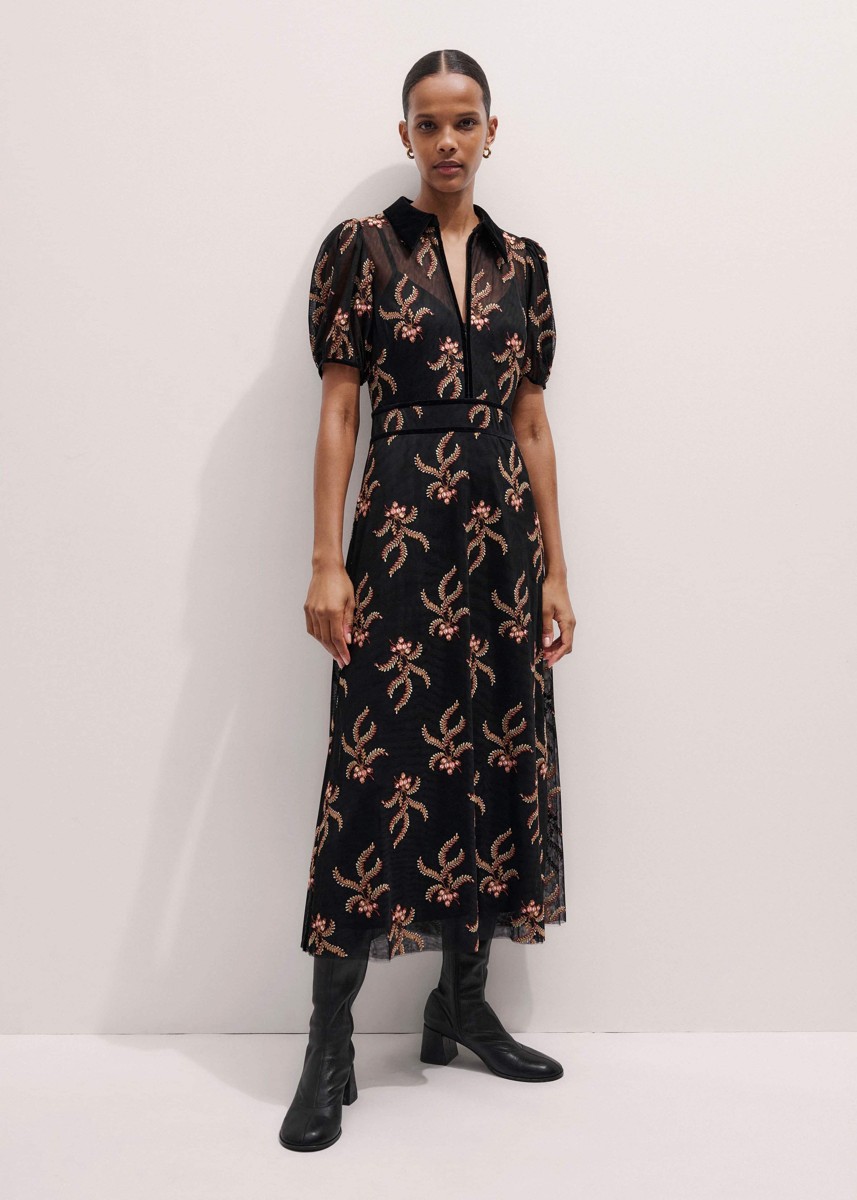 Black Autumn Floral Embroidery Maxi Dress