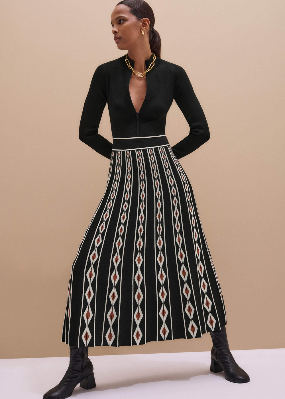 Black Jacquard Half Zip Maxi Dress
