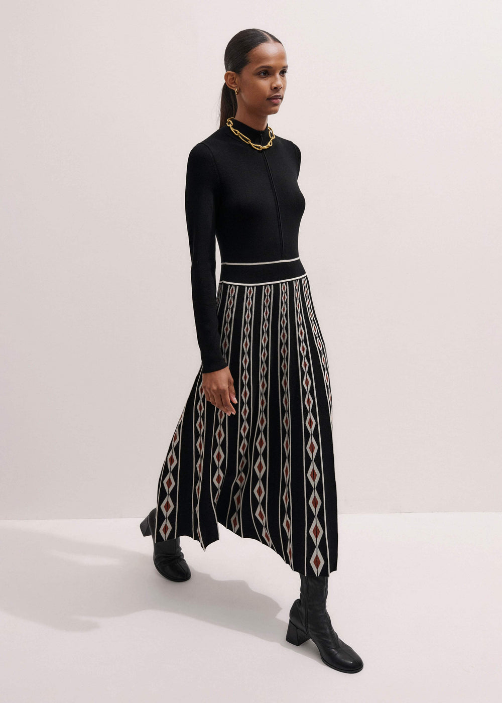 Black Jacquard Half Zip Maxi Dress