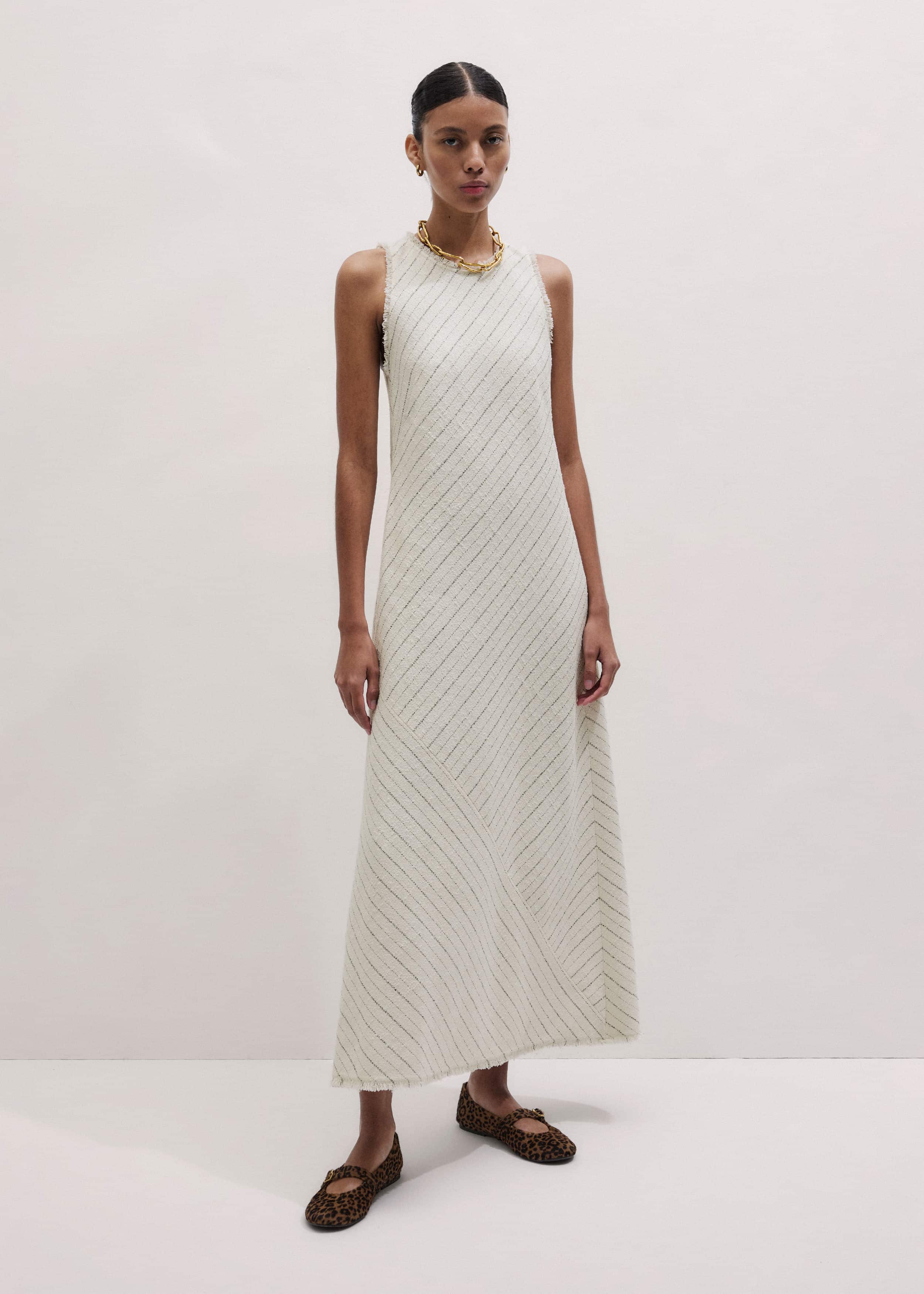Ivory Striped Bias Cut Maxi Dress