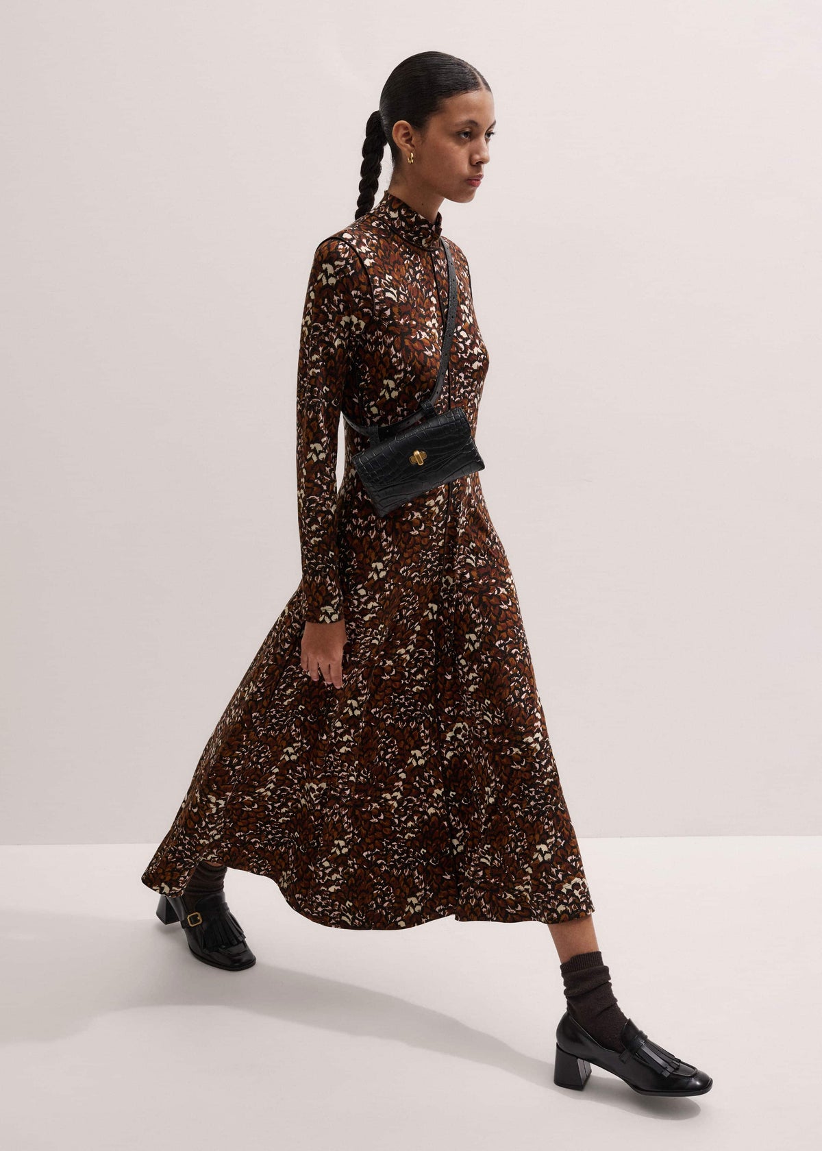 Brown Twisting Feather Print High Neck Maxi Dress