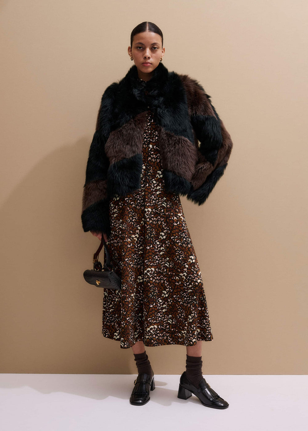 Brown Twisting Feather Print High Neck Maxi Dress