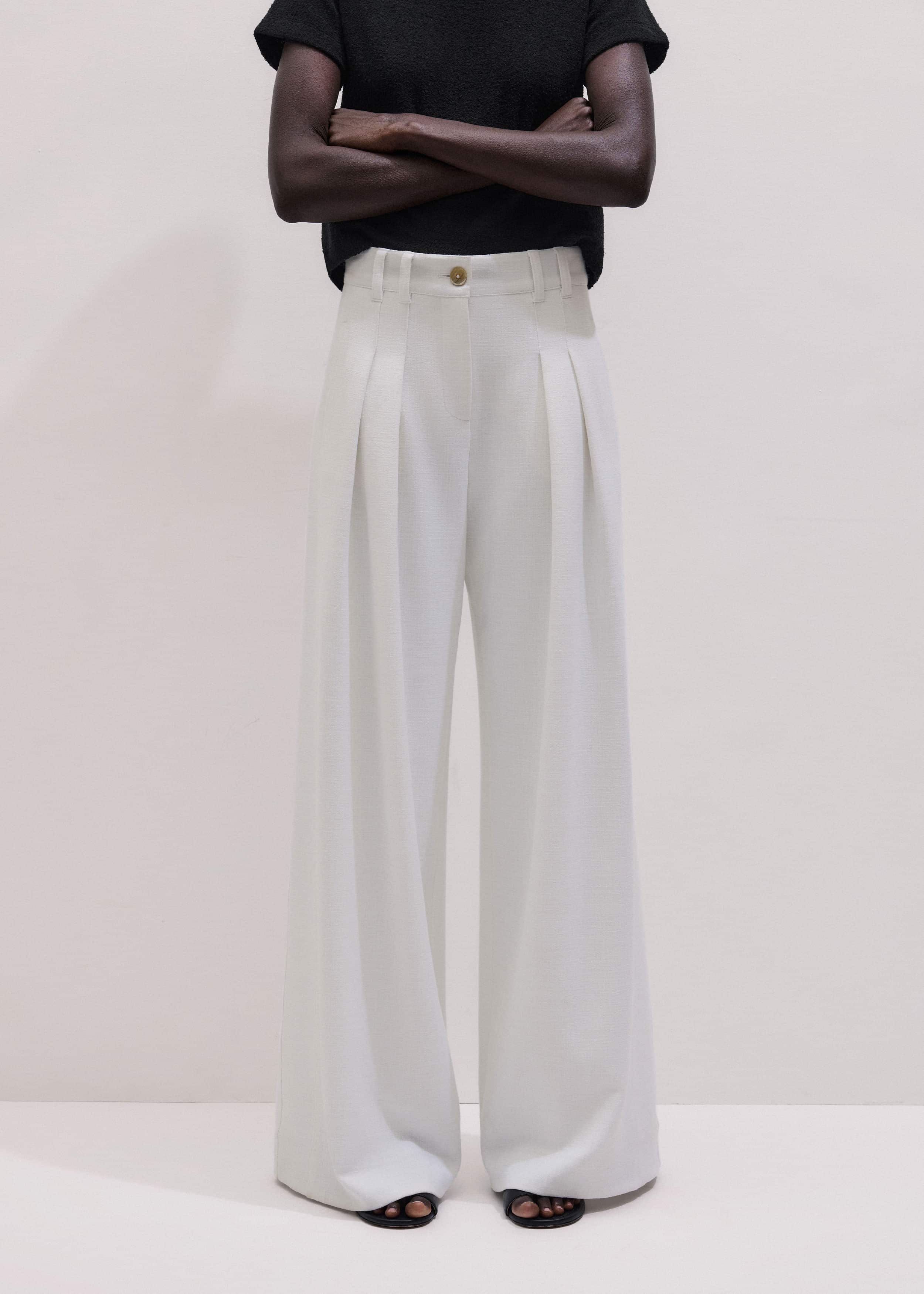 Ivory Double Pleat Wide-Leg Pant