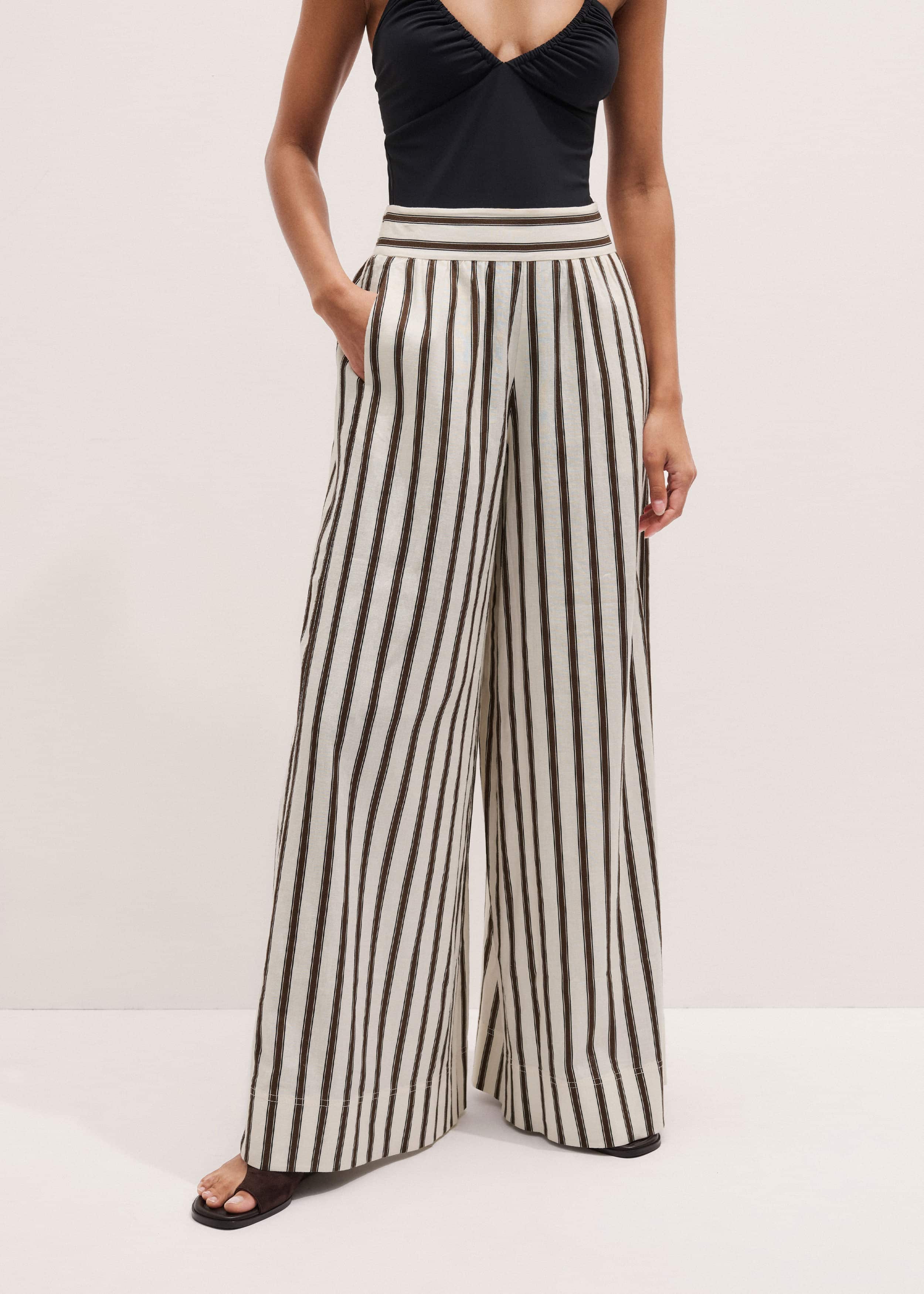 Cream Linen-Blend Spring Stripe Wide-Leg Pant