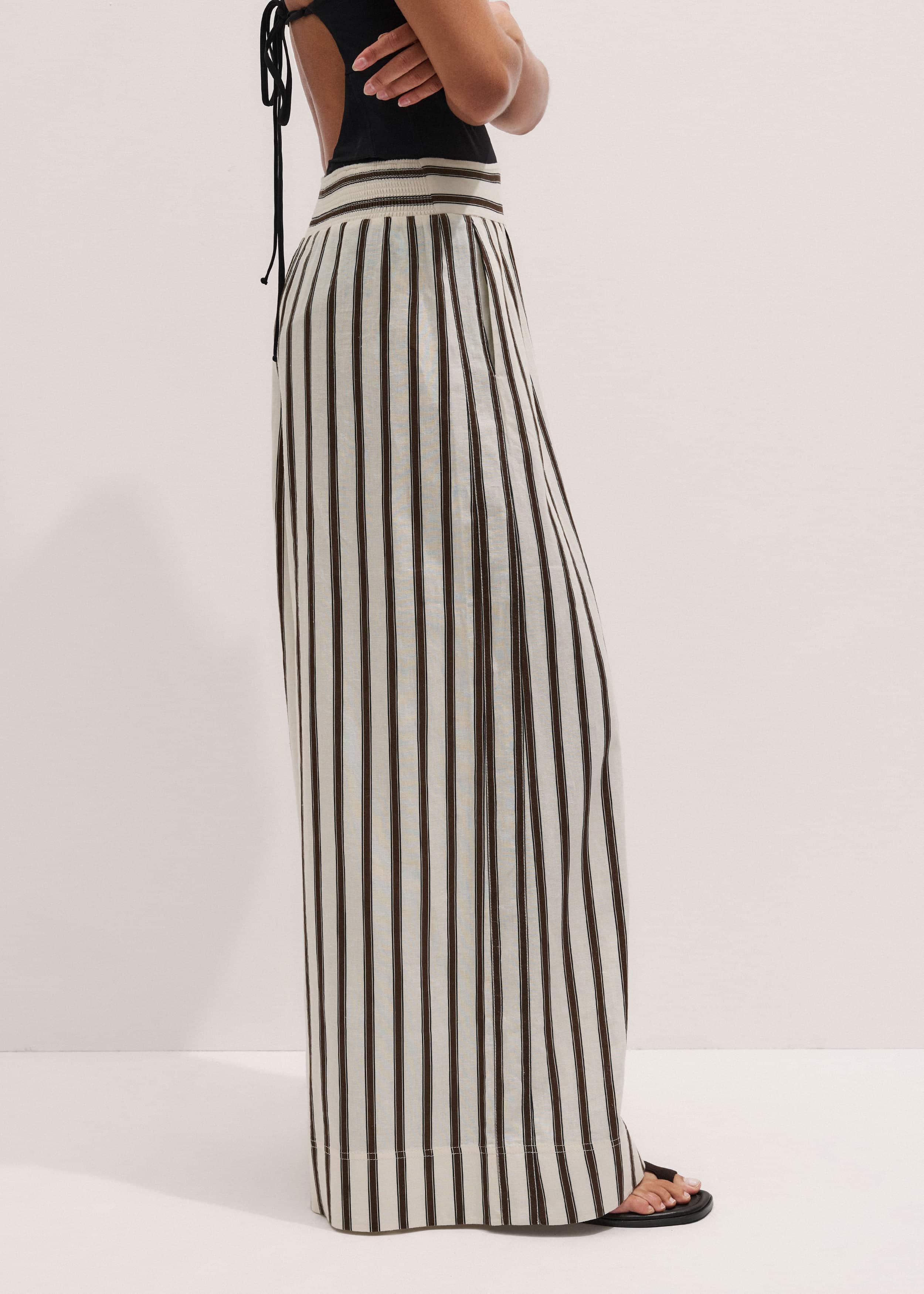 Cream Linen-Blend Spring Stripe Wide-Leg Pant