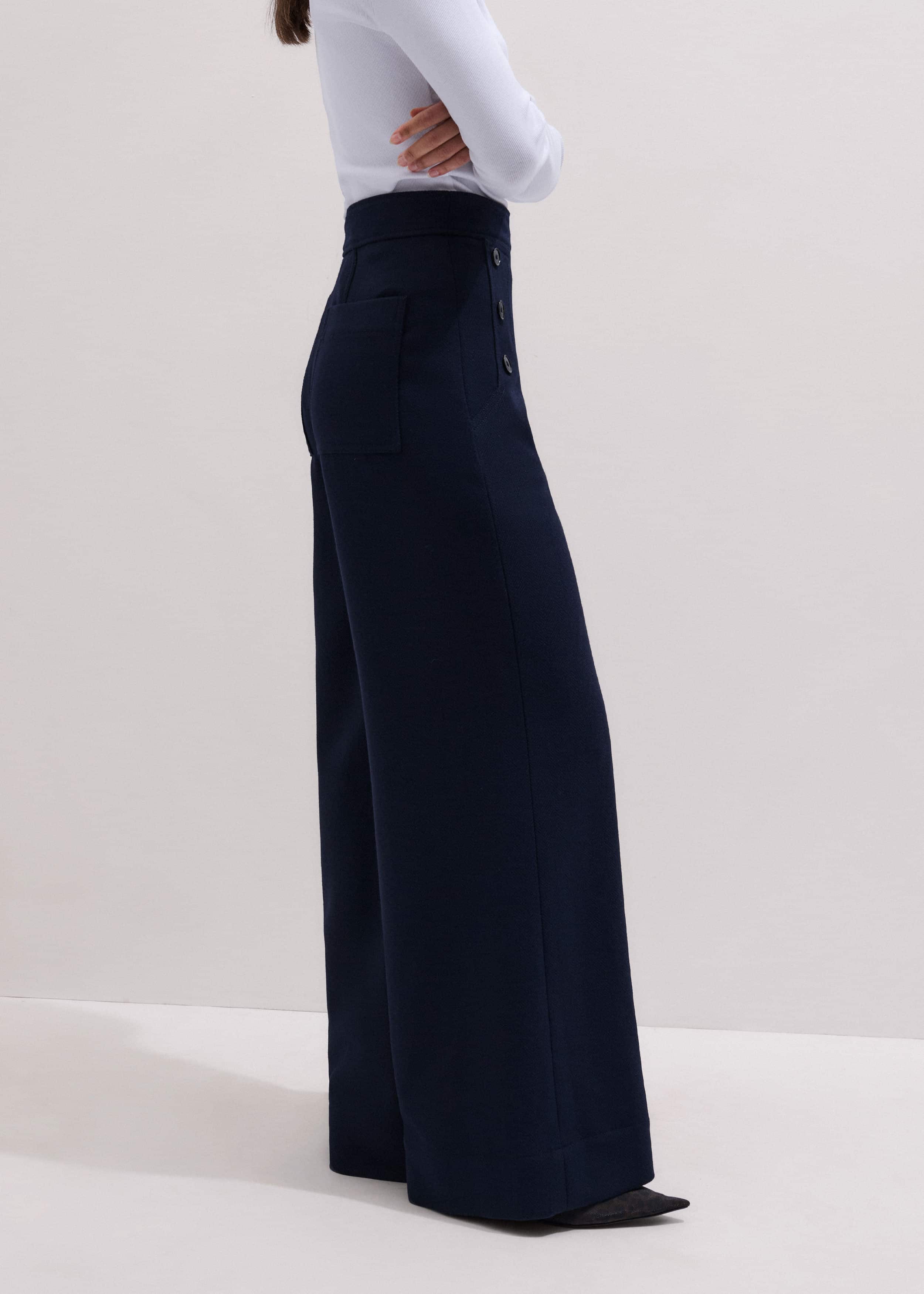 Navy Button Front High Waist Wide-Leg Pant