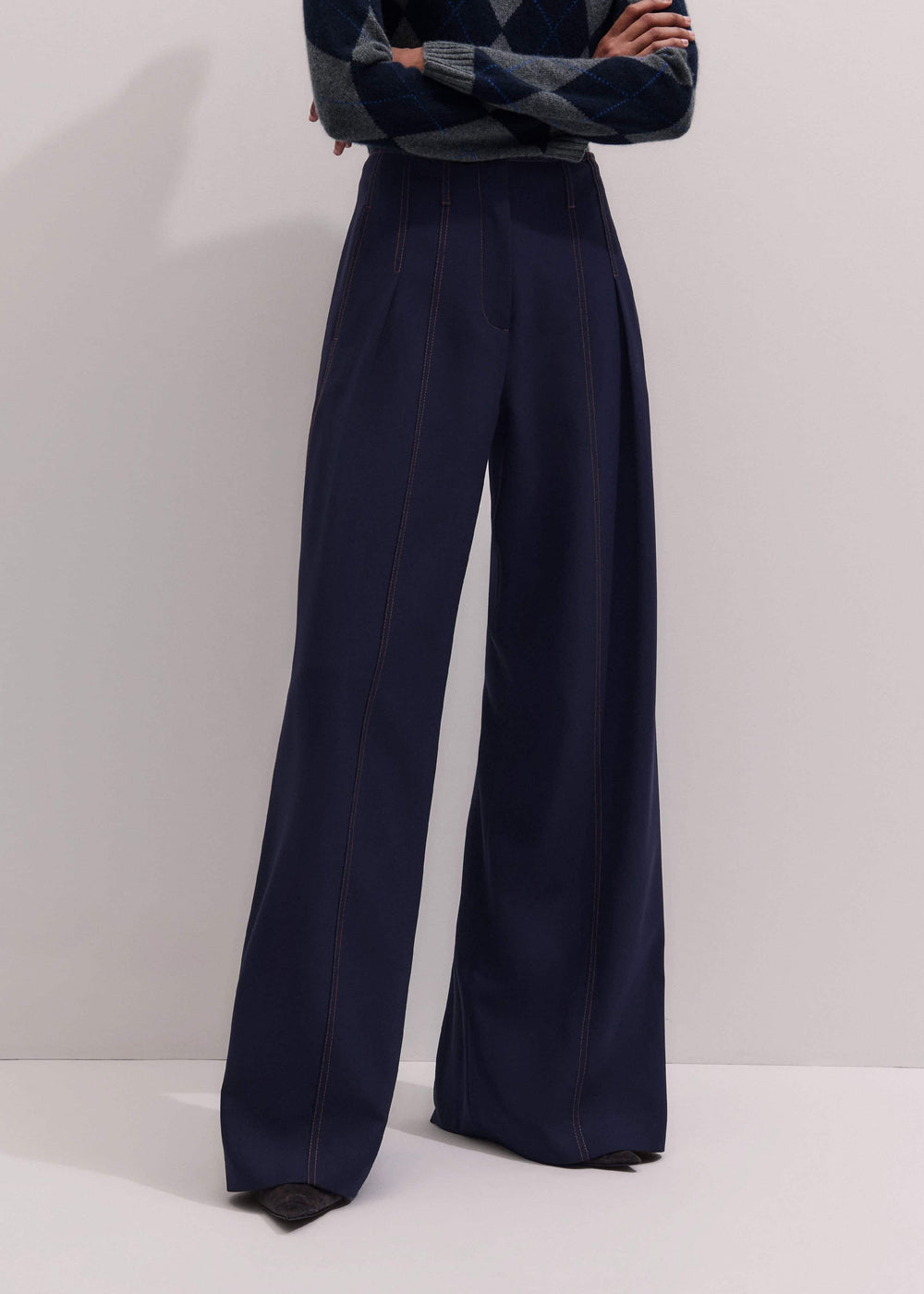 Navy Contrast Top Stitch Wide-Leg Pant