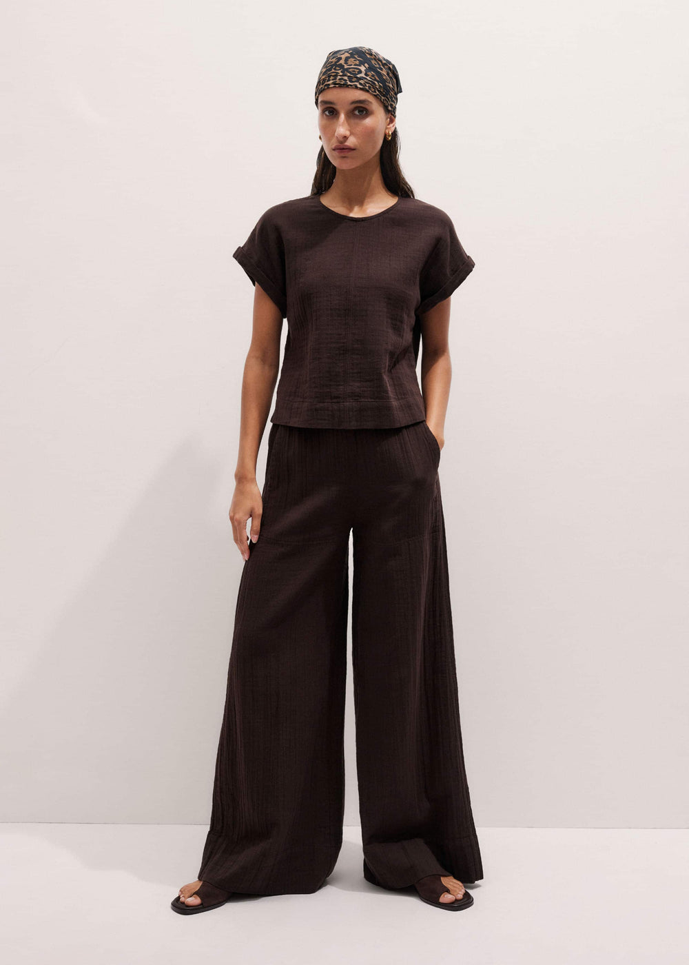 Brown Cheesecloth Wide-Leg Pant