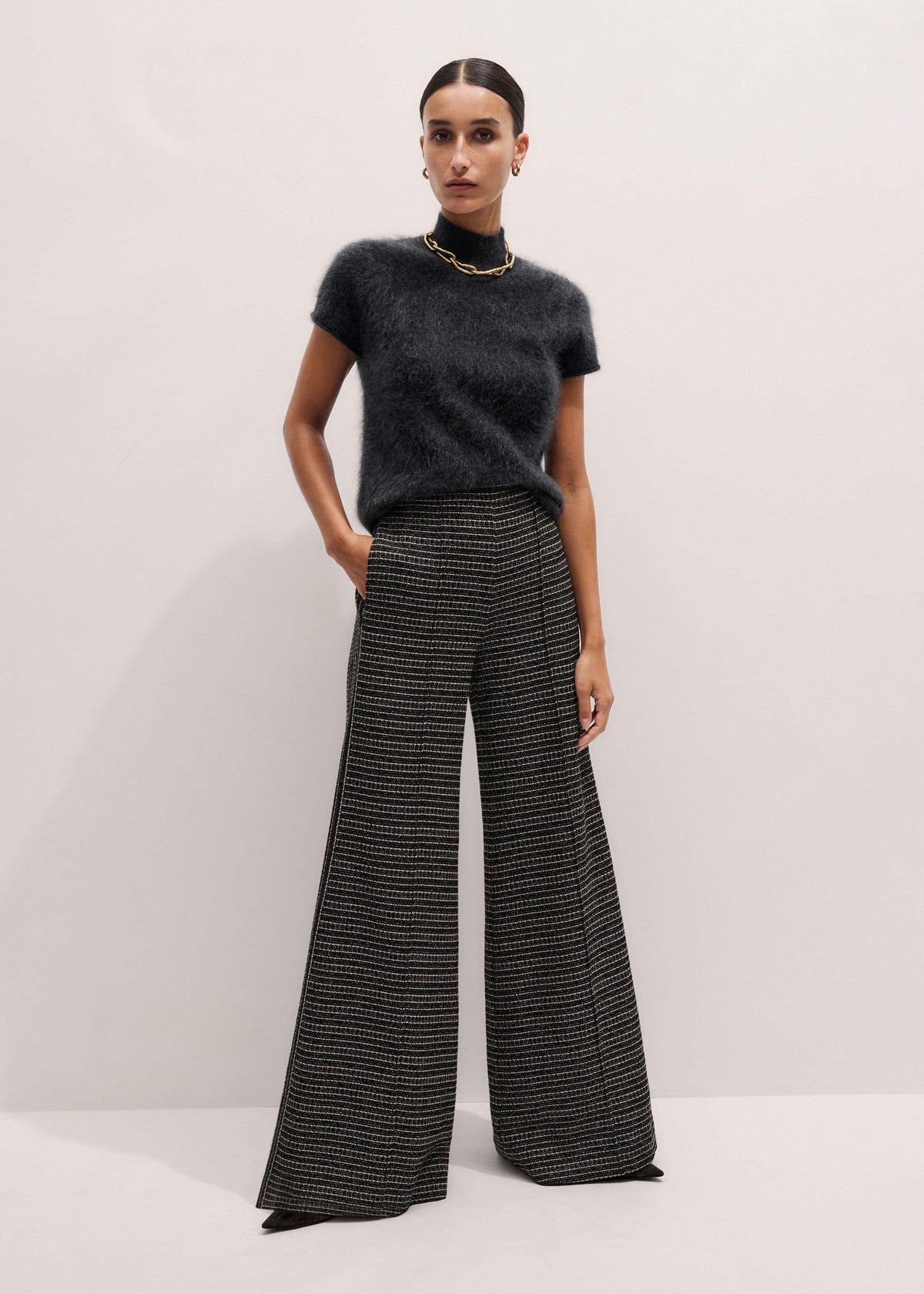 Black Stripe Tweed Wide-Leg Pant