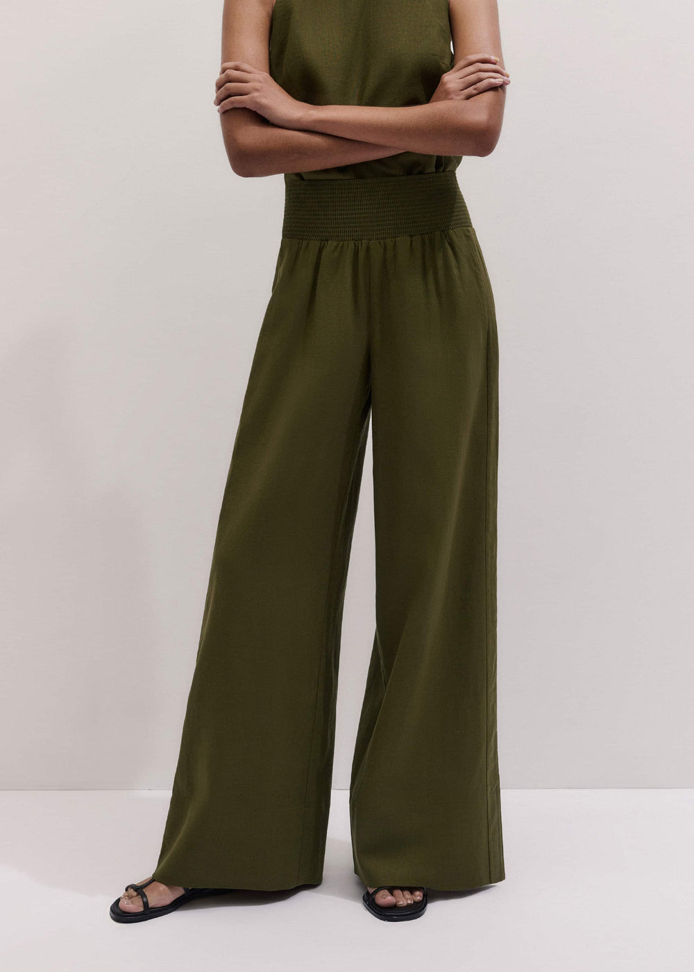 Olive Green Shirred Wide Pant