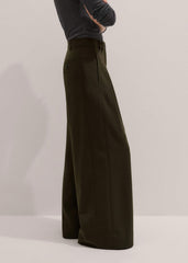 Olive Green Wide-Leg Double Pleat Pant