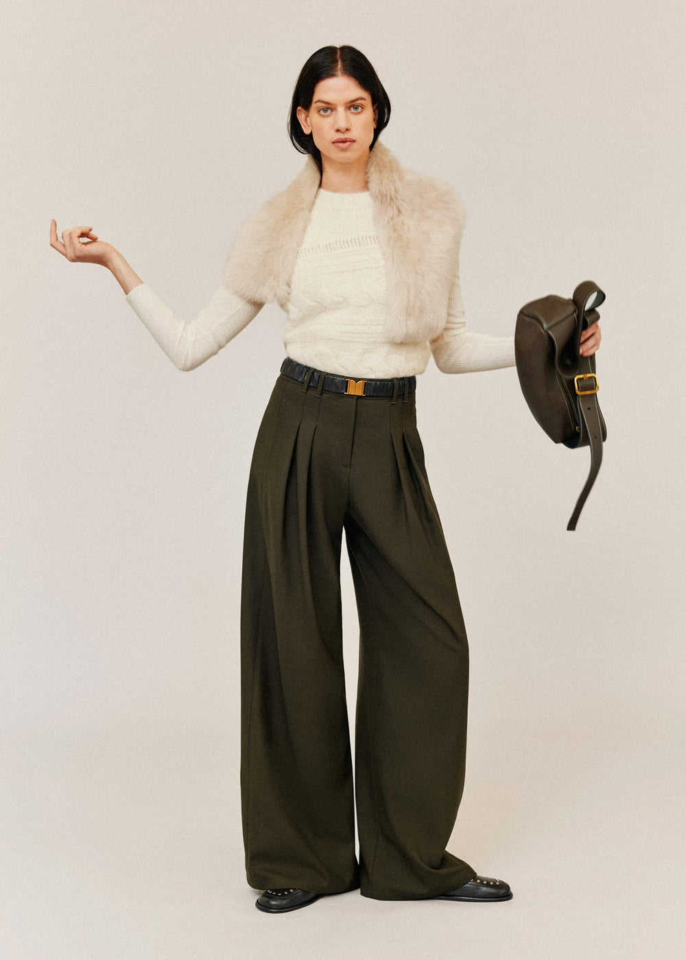 Olive Green Wide-Leg Double Pleat Pant