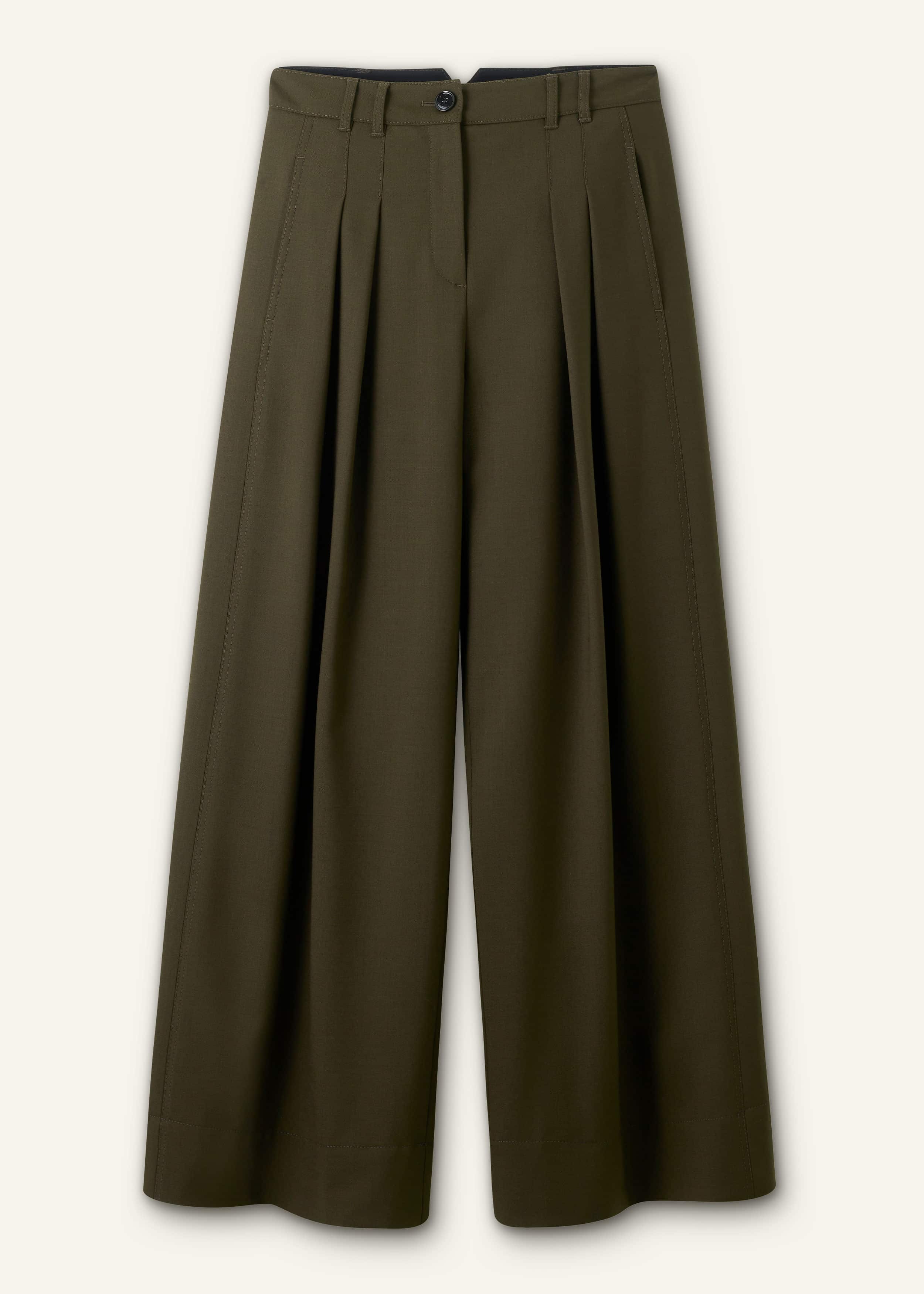 Olive Green Wide-Leg Double Pleat Pant