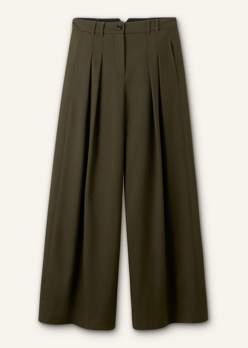 Olive Green Wide-Leg Double Pleat Pant