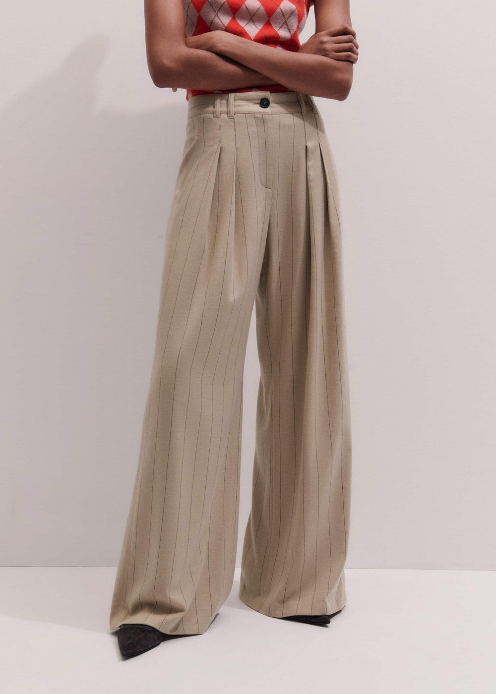 Brown Wide-Leg Double Pleat Pinstripe Pant