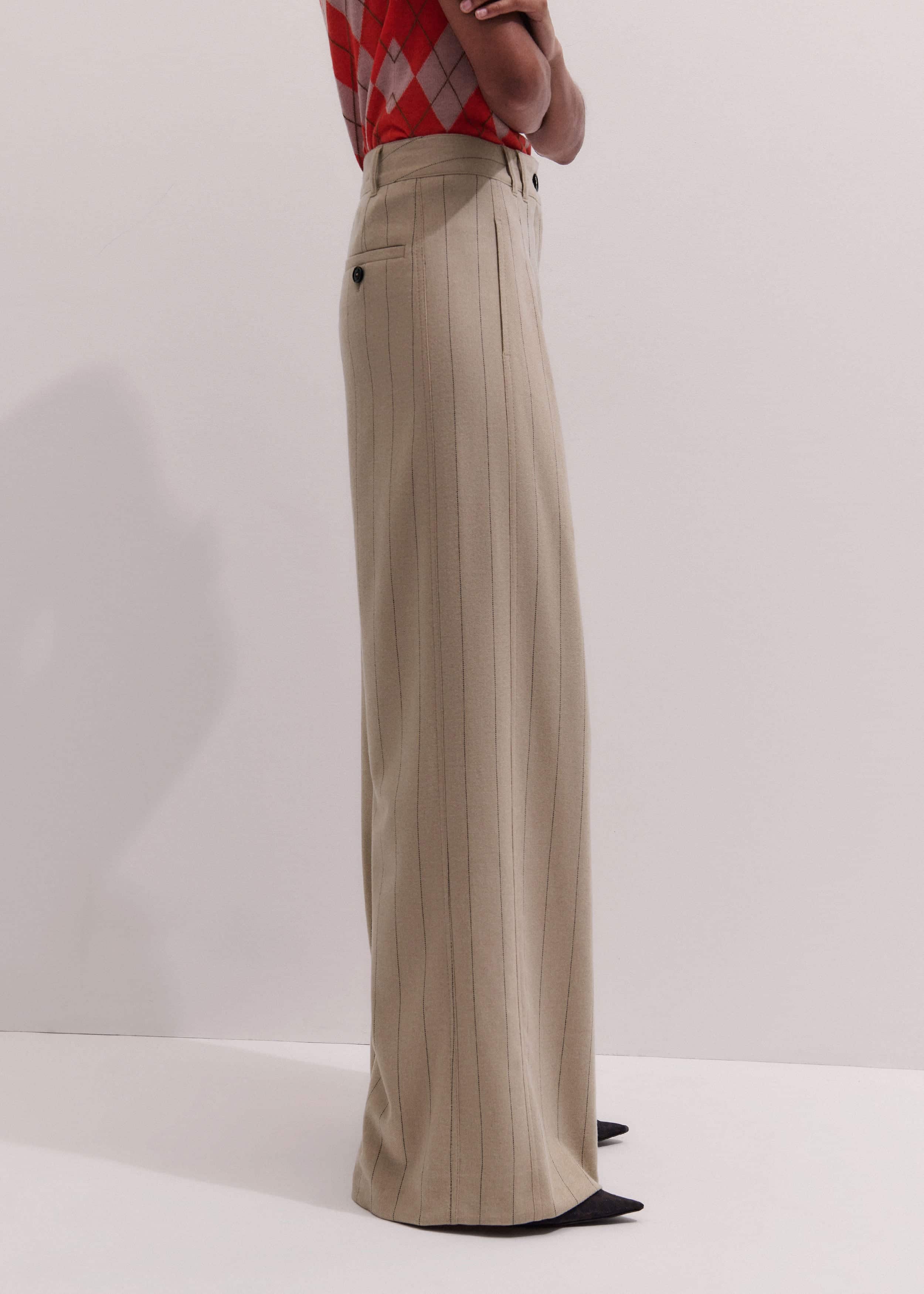 Brown Wide-Leg Double Pleat Pinstripe Pant