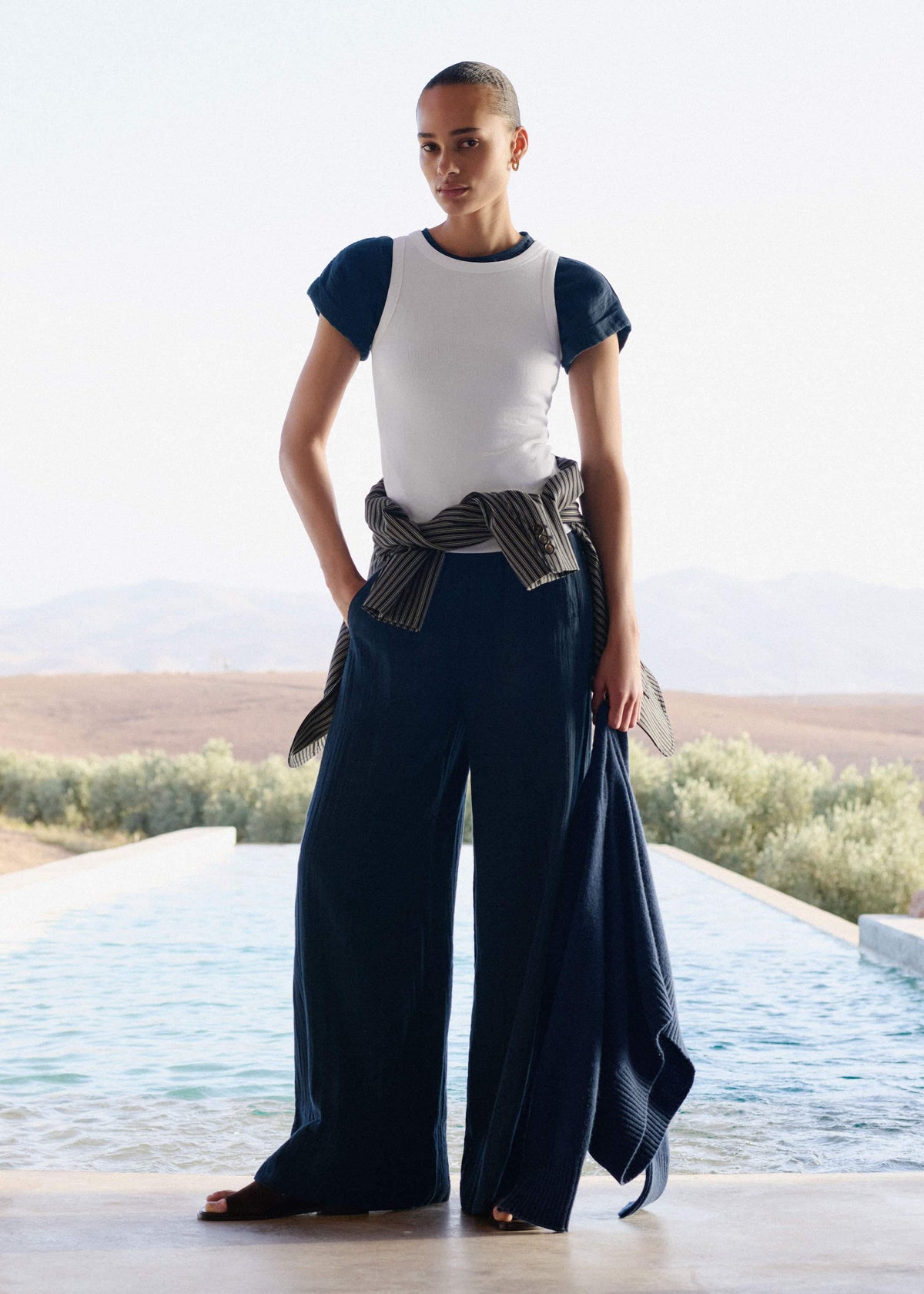 Navy Cheesecloth Wide-Leg Pant