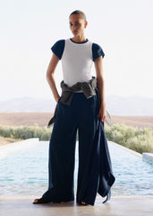 Navy Cheesecloth Wide-Leg Pant