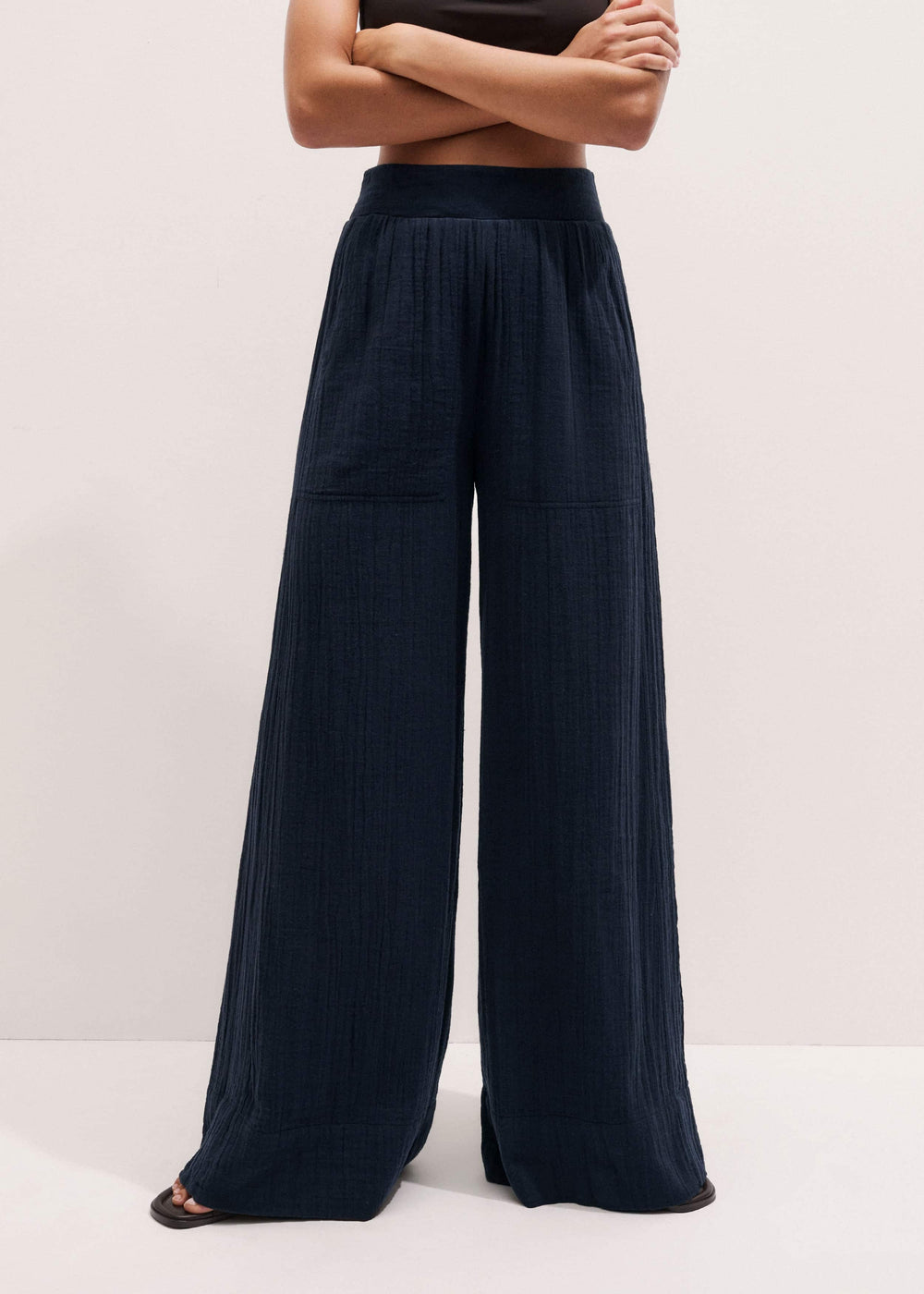 Navy Cheesecloth Wide-Leg Pant