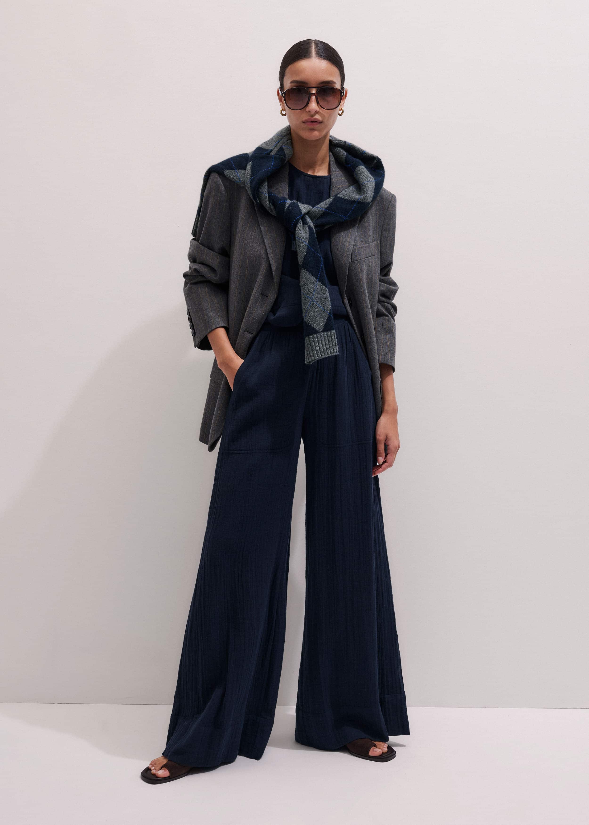 Navy Cheesecloth Wide-Leg Pant