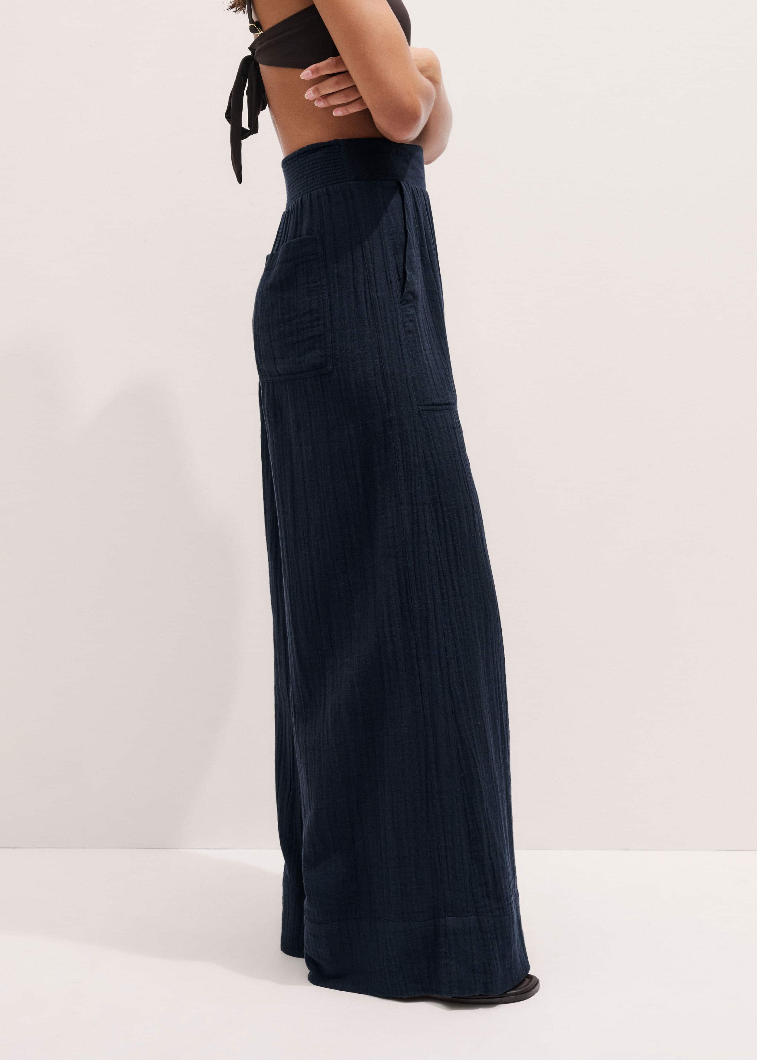 Navy Cheesecloth Wide-Leg Pant