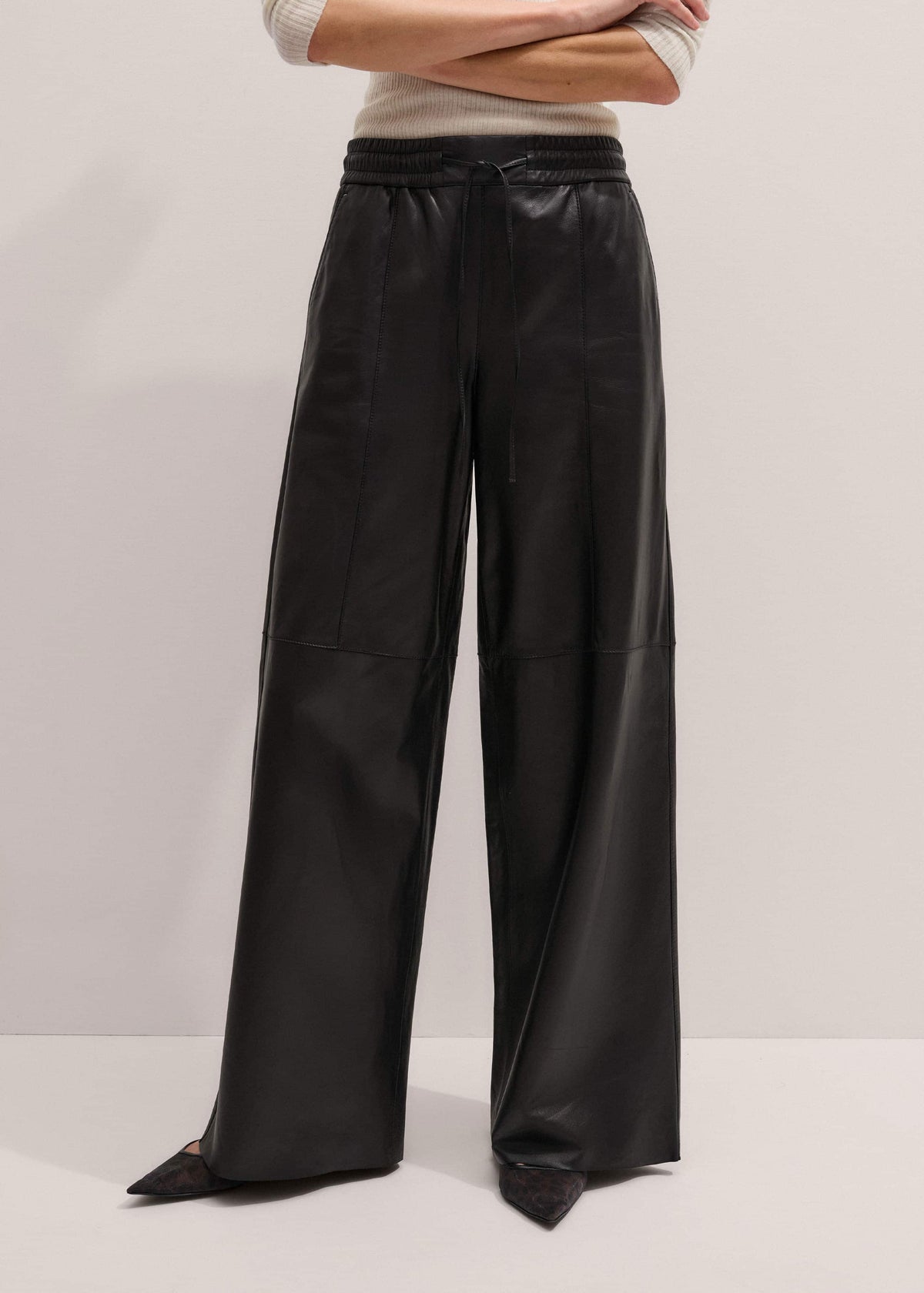 Warm Black Leather Wide-Leg Track Pant