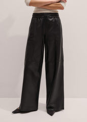 Warm Black Leather Wide-Leg Track Pant