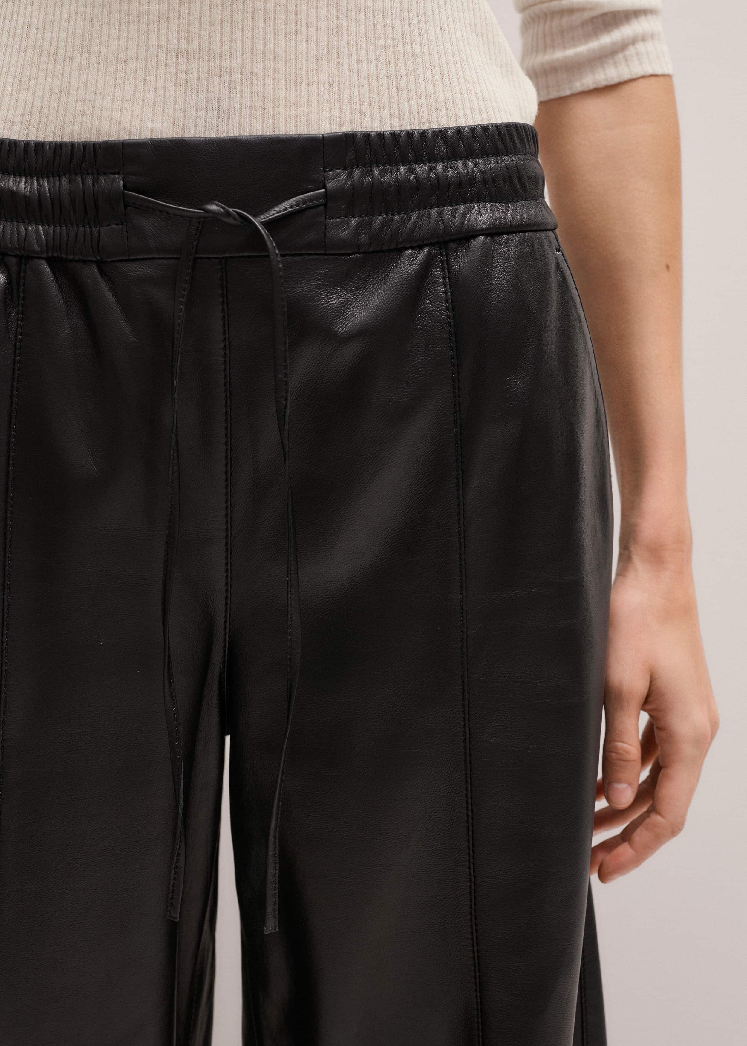 Warm Black Leather Wide-Leg Track Pant