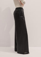 Warm Black Leather Wide-Leg Track Pant