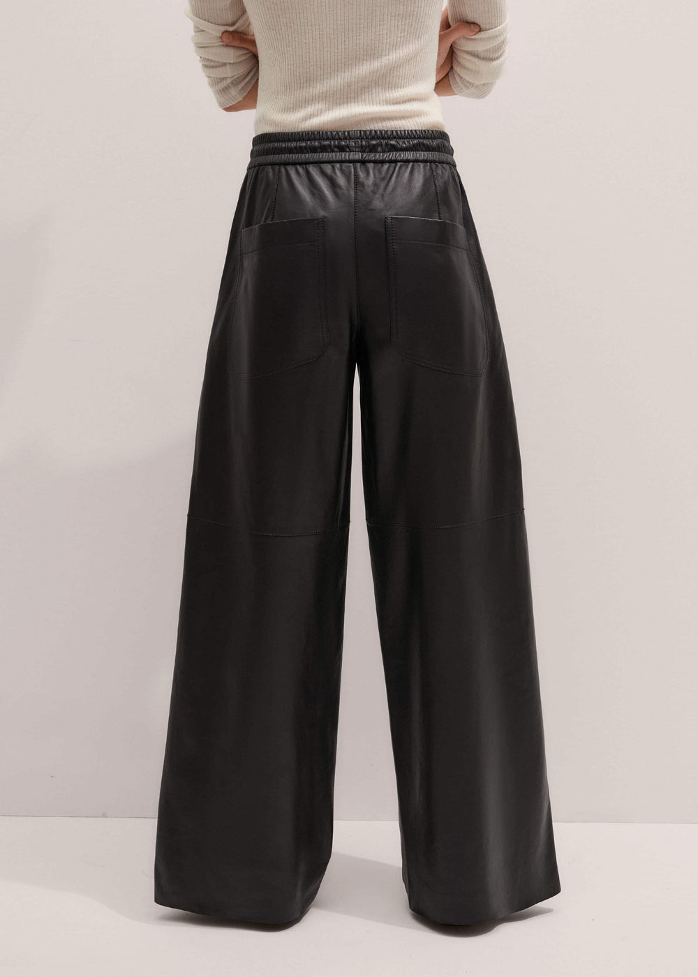 Warm Black Leather Wide-Leg Track Pant