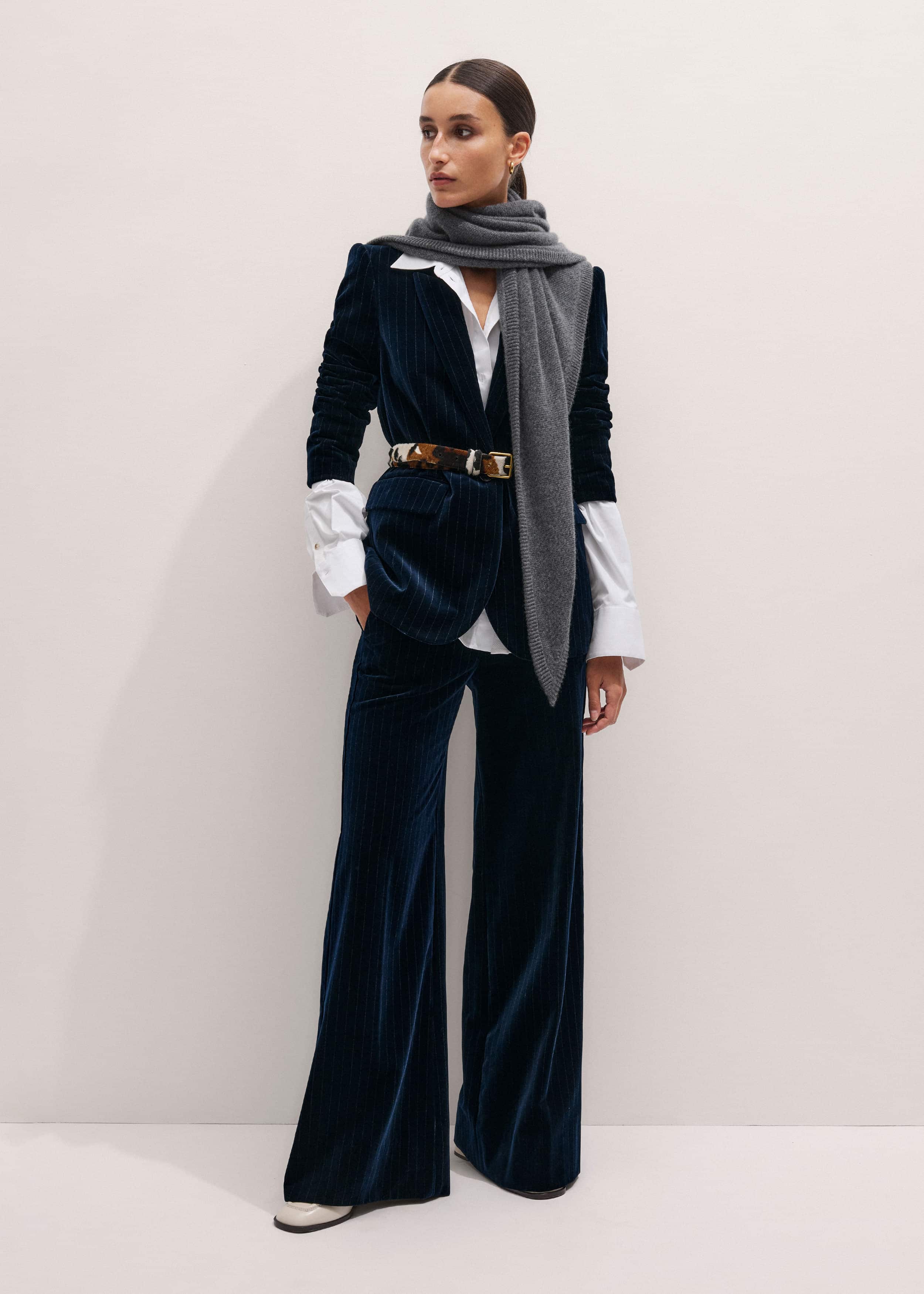 Navy Wool Pinstripe Wide-Leg Pant