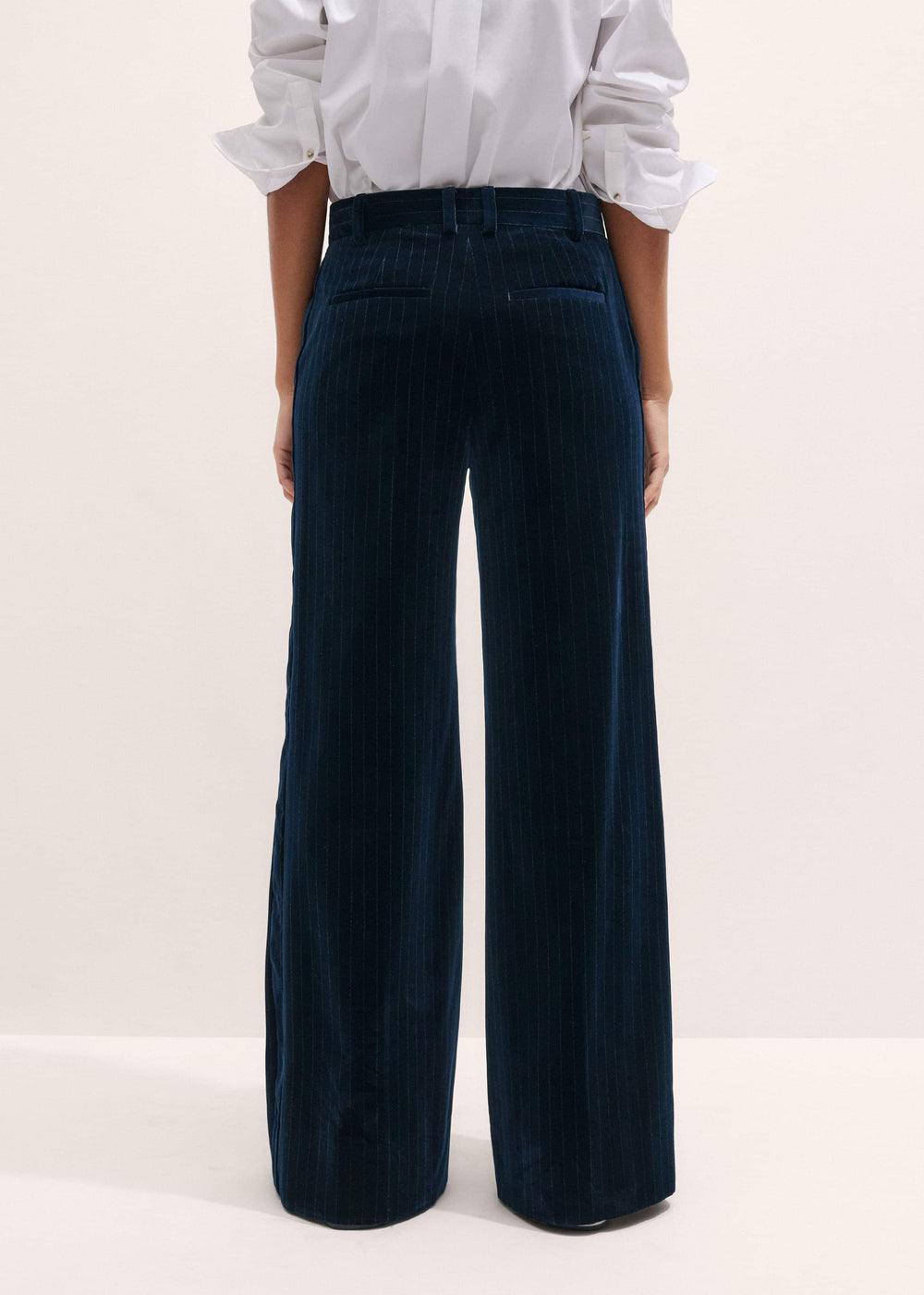 Navy Wool Pinstripe Wide-Leg Pant