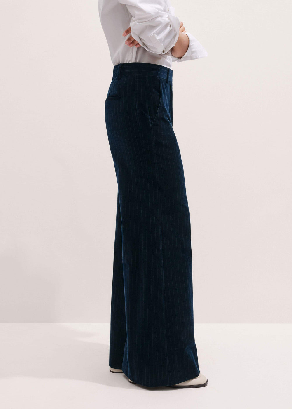 Navy Wool Pinstripe Wide-Leg Pant