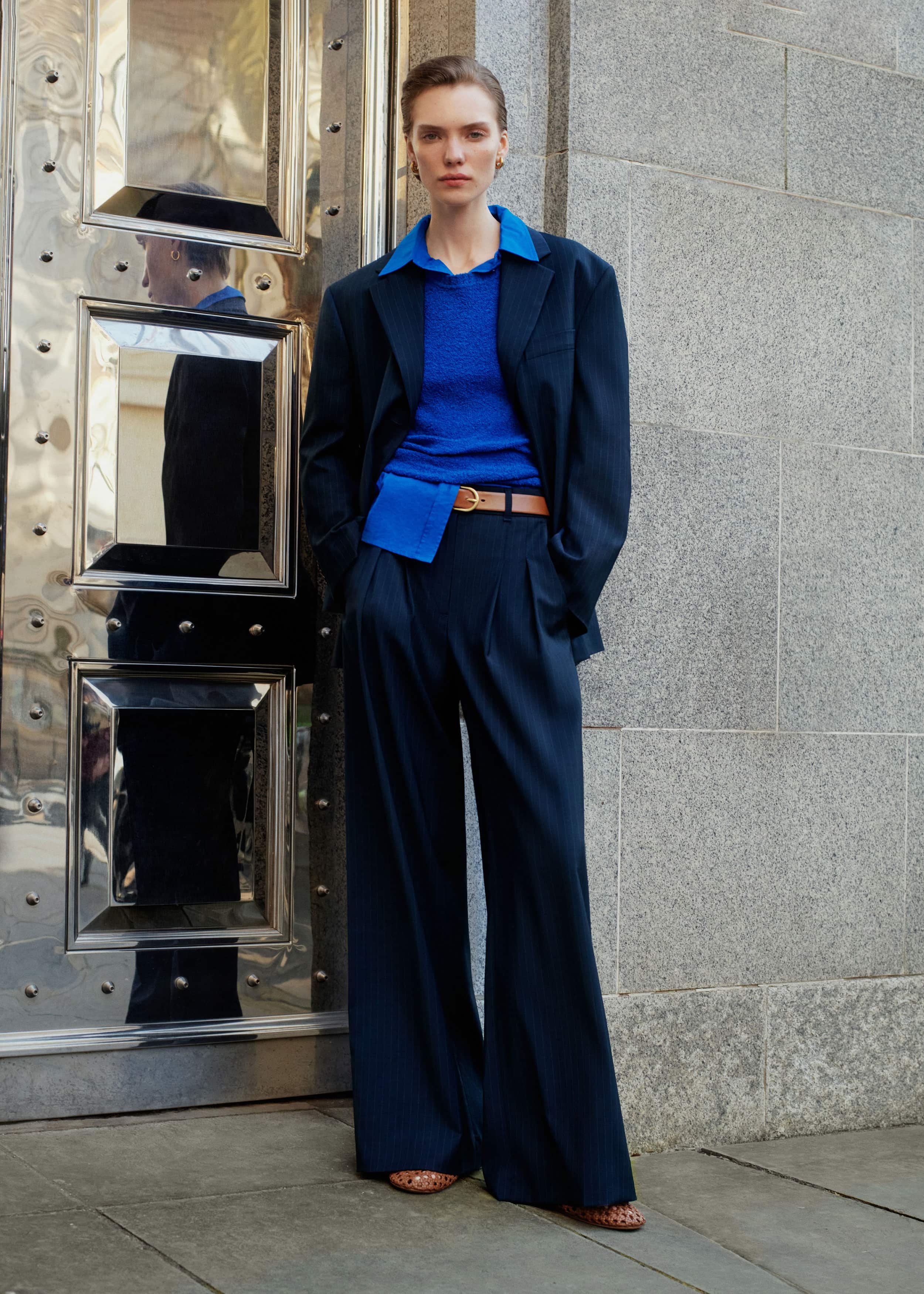 Navy Pinstripe Pleat Front Man Pant