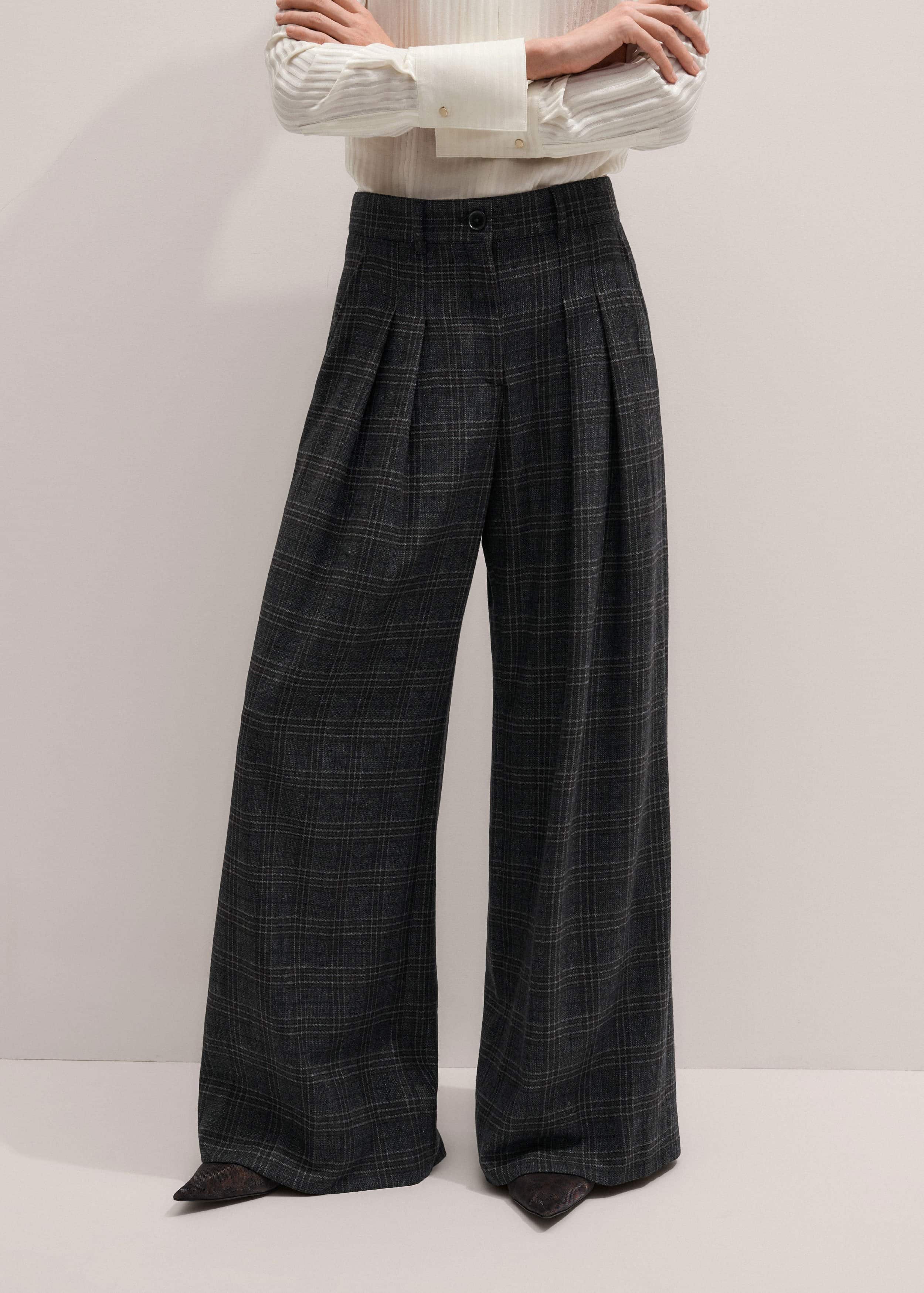 Gray Wool Wide-Leg Double Pleat Trouser