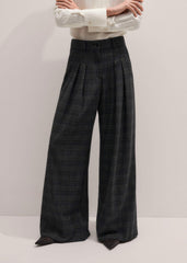 Gray Wool Wide-Leg Double Pleat Trouser