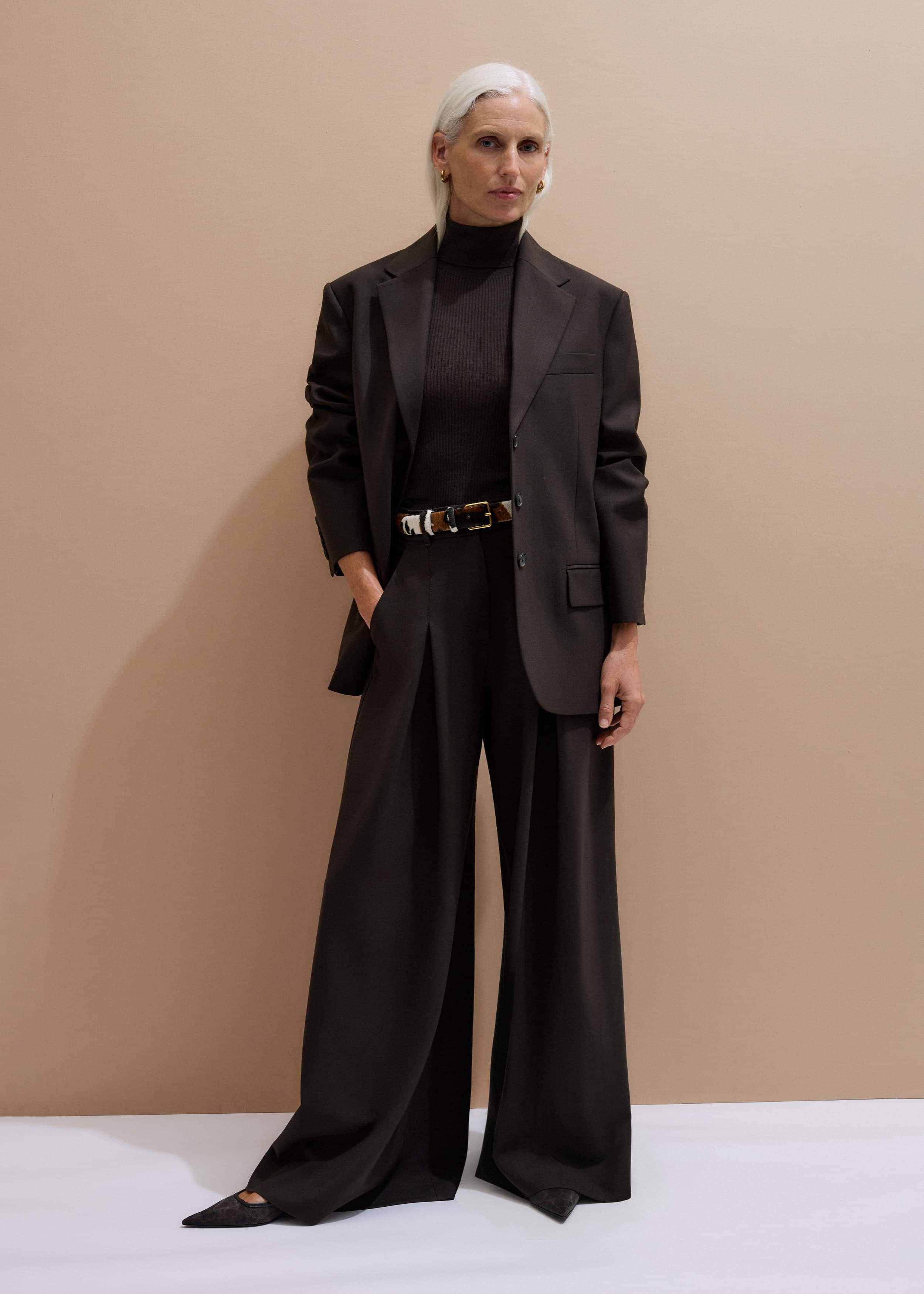 Brown Wool Ultimate Pleat-Front Wide-Leg Pant