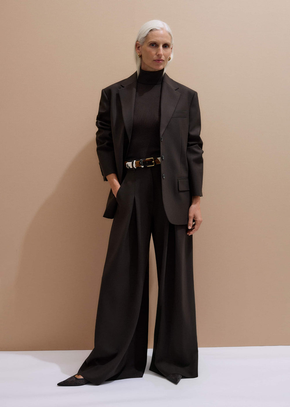 Brown Wool Ultimate Pleat-Front Wide-Leg Pant