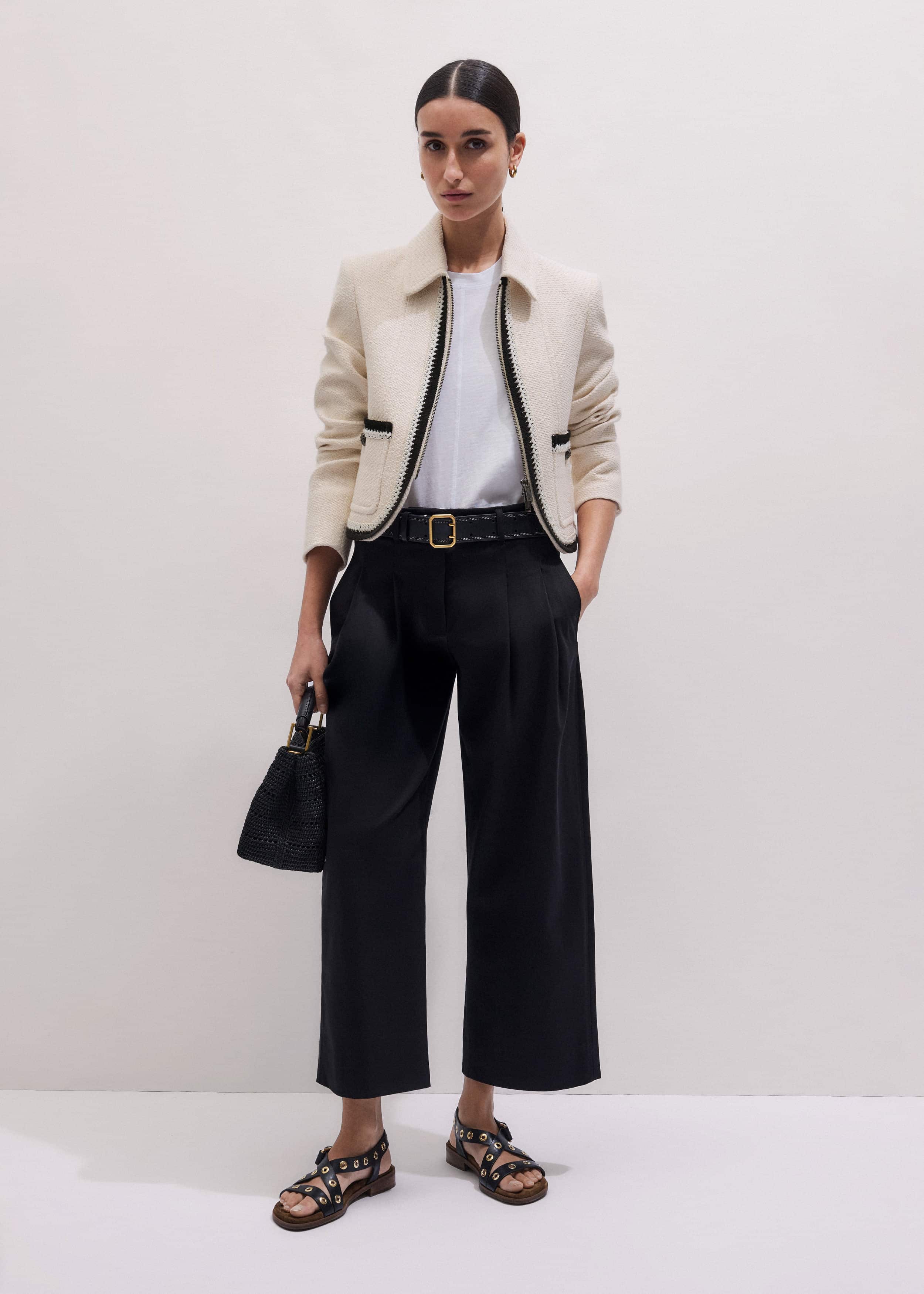 Black Straight Crop Pleat Front Pant