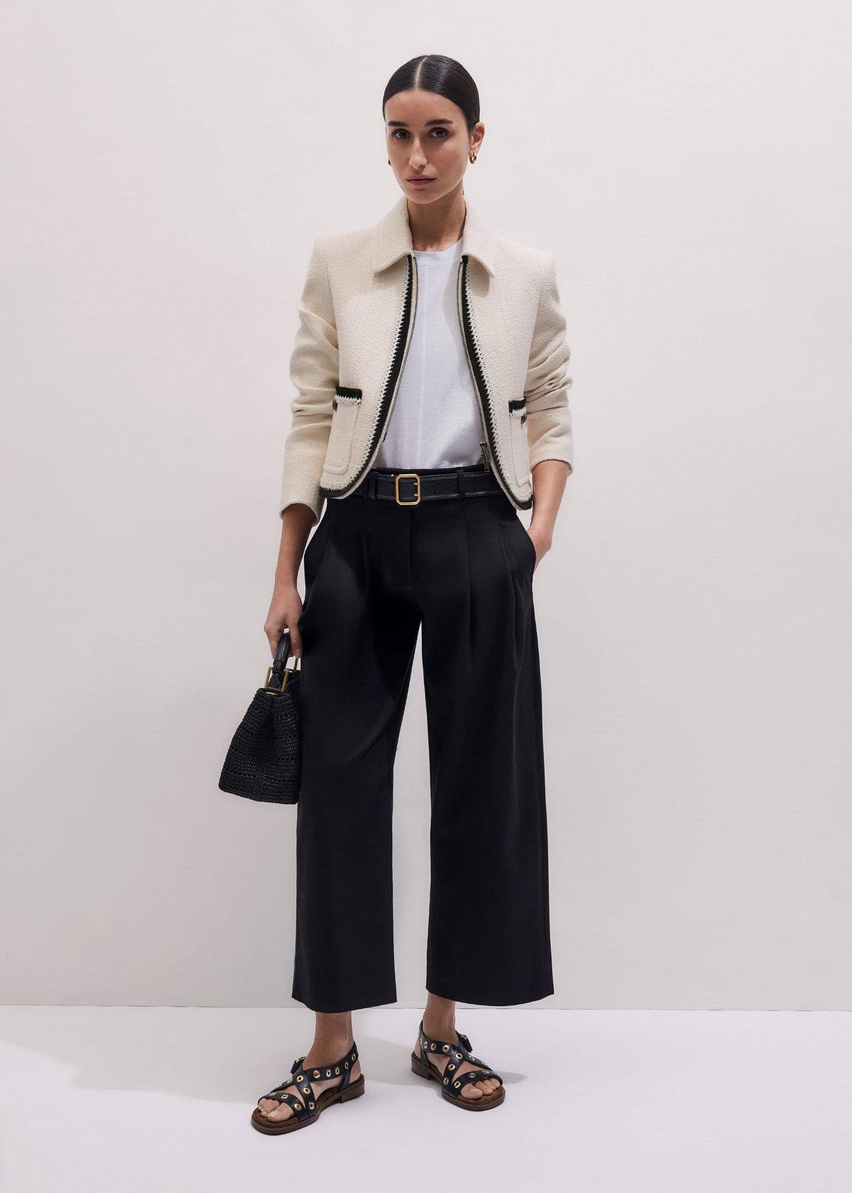 Black Straight Crop Pleat Front Pant