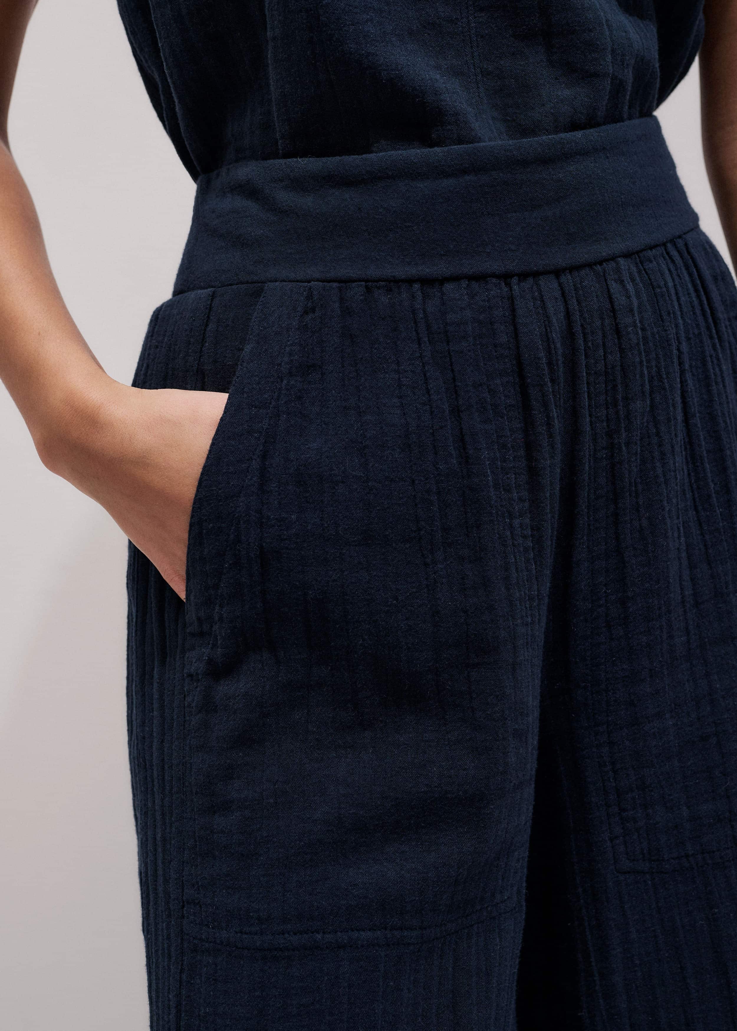Navy Cheesecloth Cropped Wide-Leg Pant