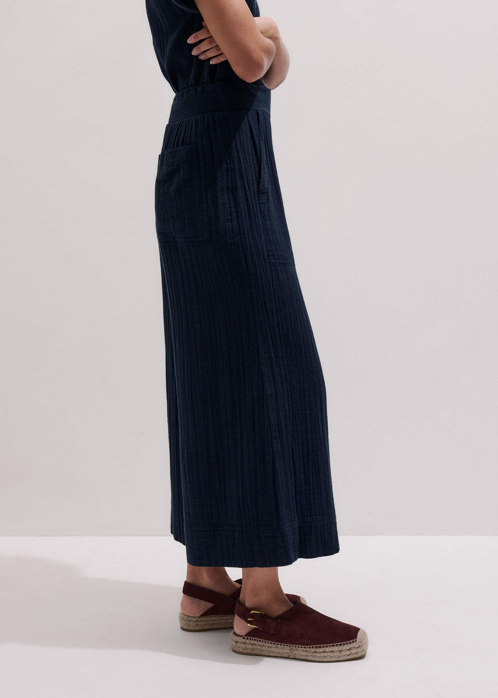 Navy Cheesecloth Cropped Wide-Leg Pant