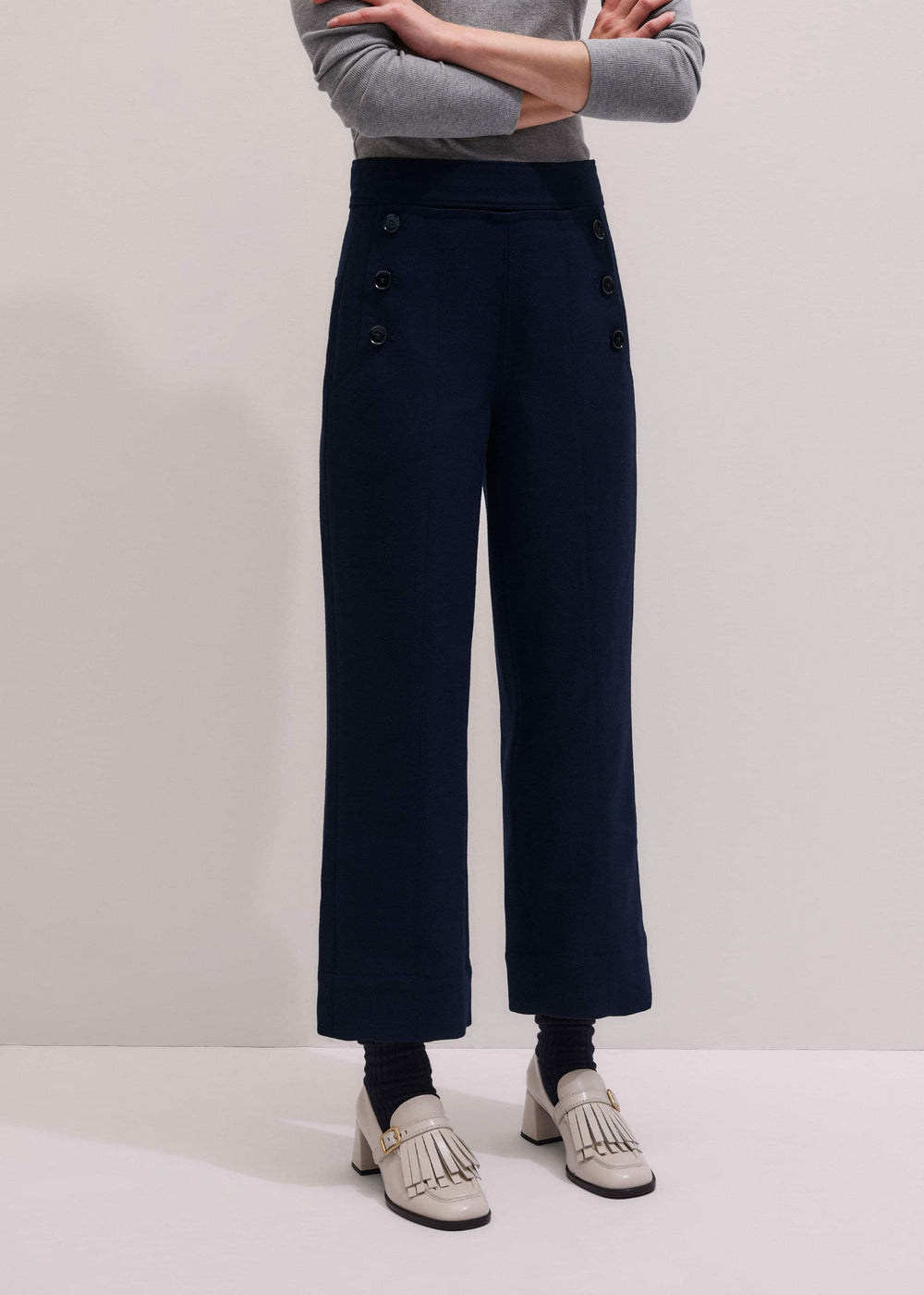Navy Button Front Straight Crop Pant
