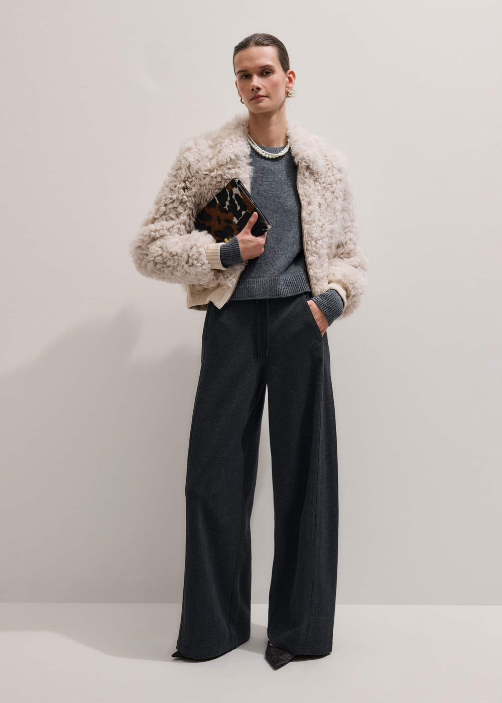Gray Herringbone Barrel-Leg Pant
