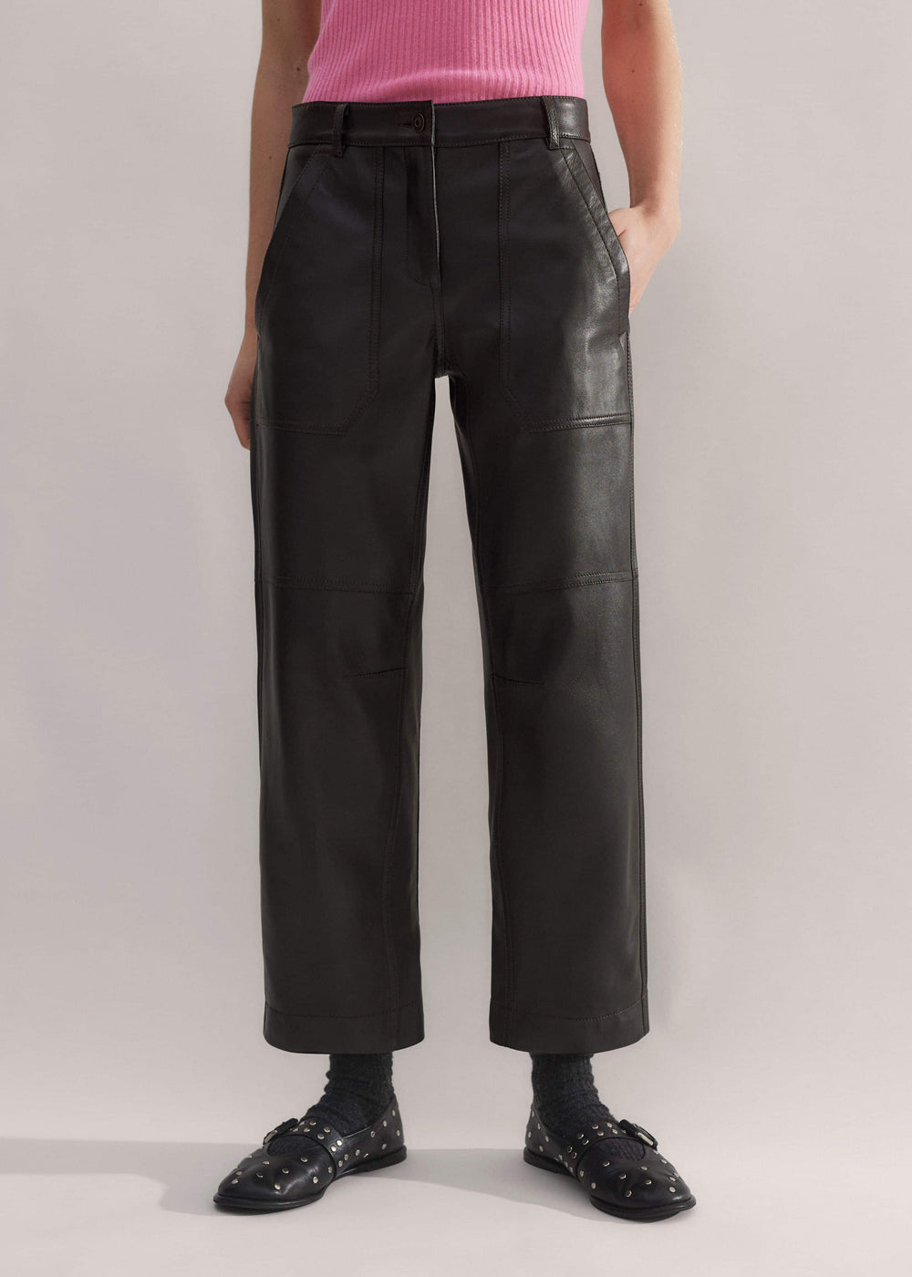 Black Washed Leather Engineered-Leg Pant