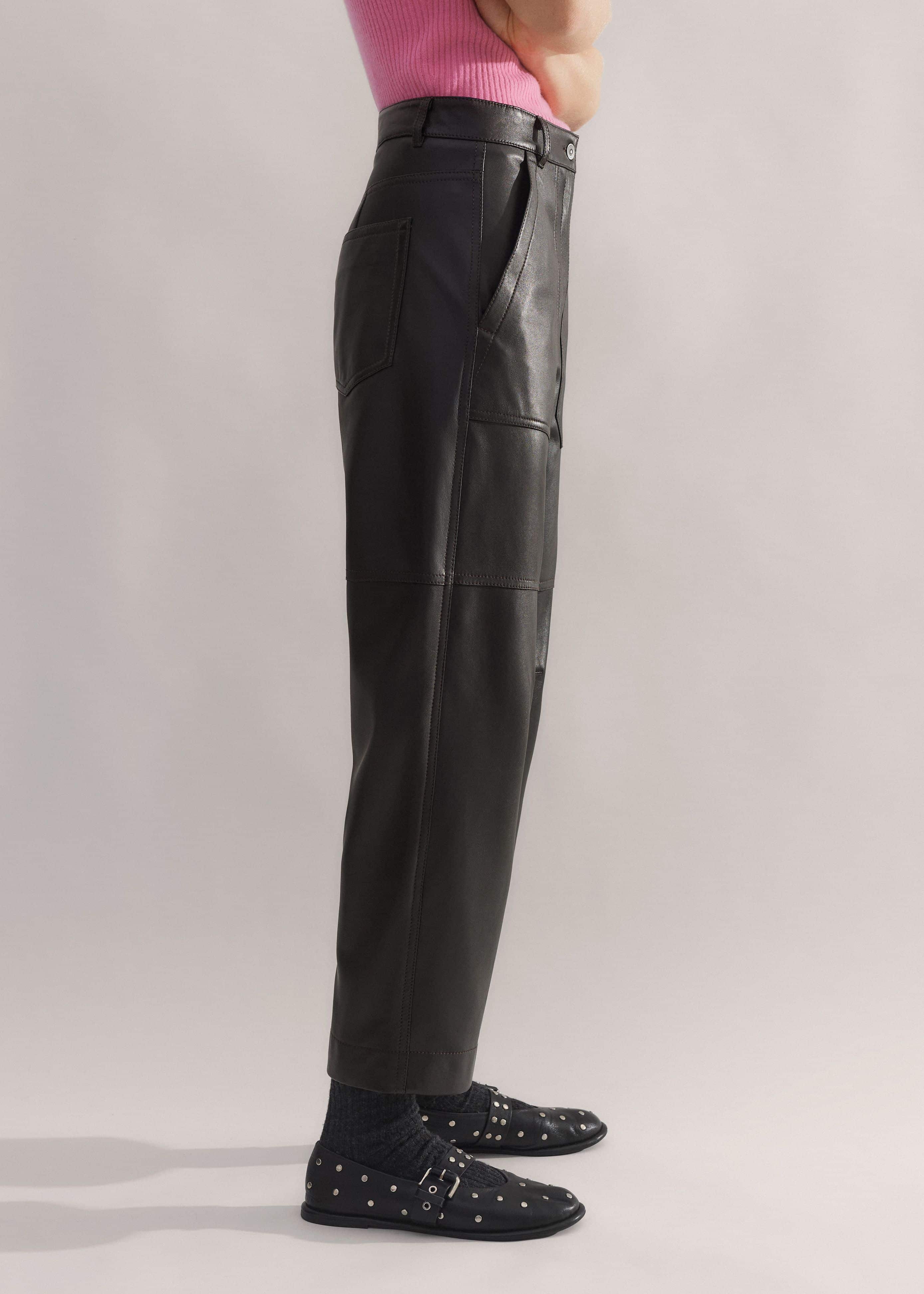 Black Washed Leather Engineered-Leg Pant