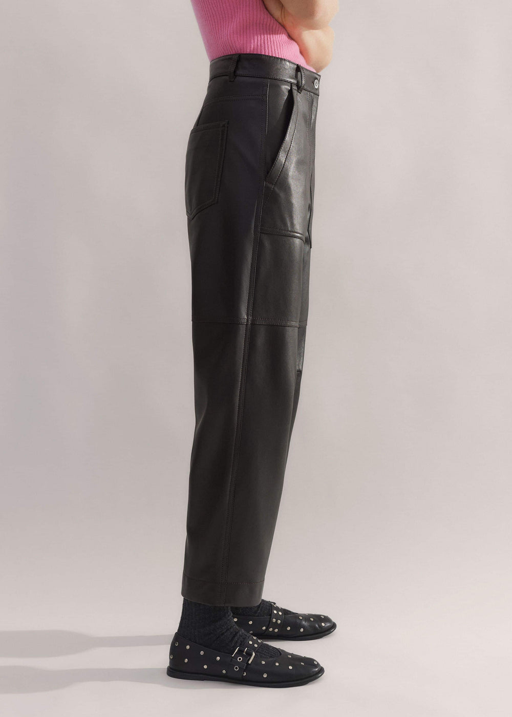 Black Washed Leather Engineered-Leg Pant